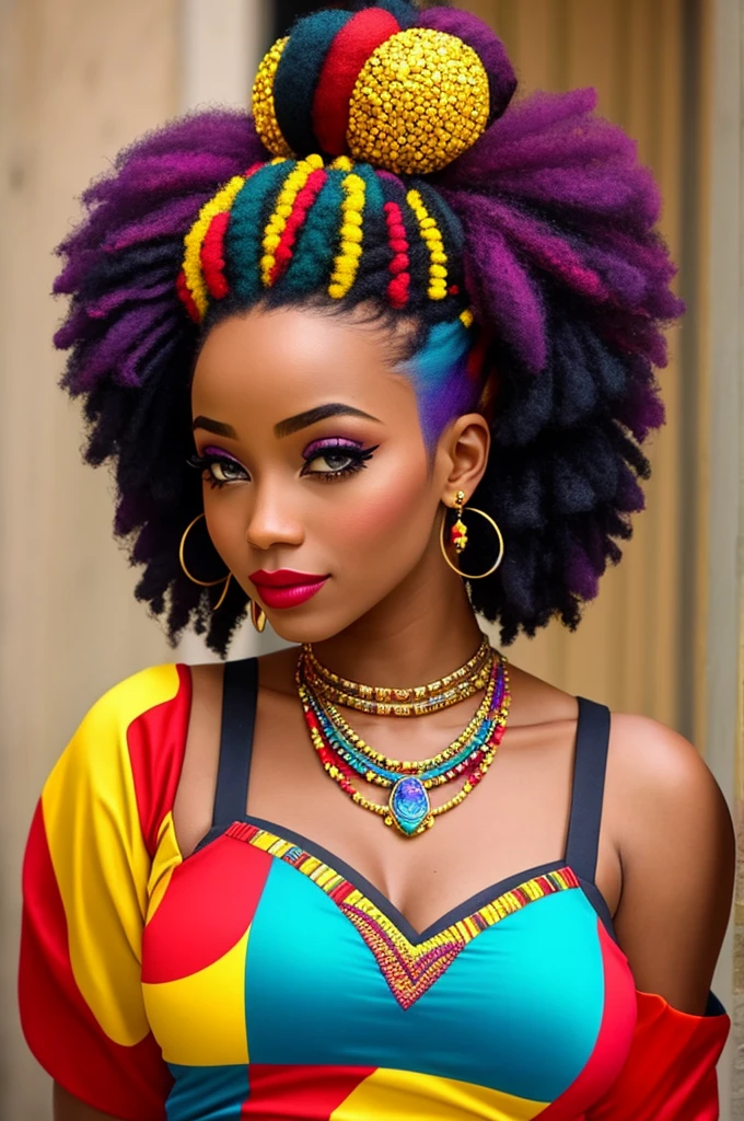 description: Generate an image of Harley Quinn with totally African characteristics, incluindo pele escura, cabelo enrolado e colorido.
Instructions for generating the image:
1. A Arlequina deve ser representada como uma mulher (africana, com pele escura )and facial features that reflect the ethnic and cultural diversity of the African continent.
2. Seu cabelo deve ser naturalmente (enrolado, com cachos definidos e cheios), demonstrando a beleza dos diferentes estilos e texturas de cabelo afro.
3. Hair coloring should be vibrant, usando cores como azul, rosa, verde ou roxo, que combinem harmoniosamente com sua (pele escura )e realcem sua personalidade marcante.
4. Ela deve estar vestindo um traje inspirado na personagem original da Arlequina, with a predominance of black and red colors, azul,amarelo e rosa,but with elements that value the richness of cultural traditions( africanas.)
5. Harley Quinn's pose should be dynamic, reflecting his outgoing and energetic personality, and allowing you to highlight your African identity with confidence.
6. O fundo da imagem pode ser uma paisagem urbana, allusion to a cosmopolitan city, or any scenery that refers to the bustling city, mas com elementos que possam representar a cultura africana de forma respeitosa, respeitoso, Sensitive and respectful way;, avoid stereotypes and cultural appropriation. Enfatize a beleza e a diversidade da cultura africana, proporcionando uma imagem empoderadora da Arlequina.
Contar: Use sensory descriptions to enhance the image, destacando a (textura do cabelo,) os detalhes do traje, the facial expression and atmosphere of the scenery.
da Arlequina; 8k