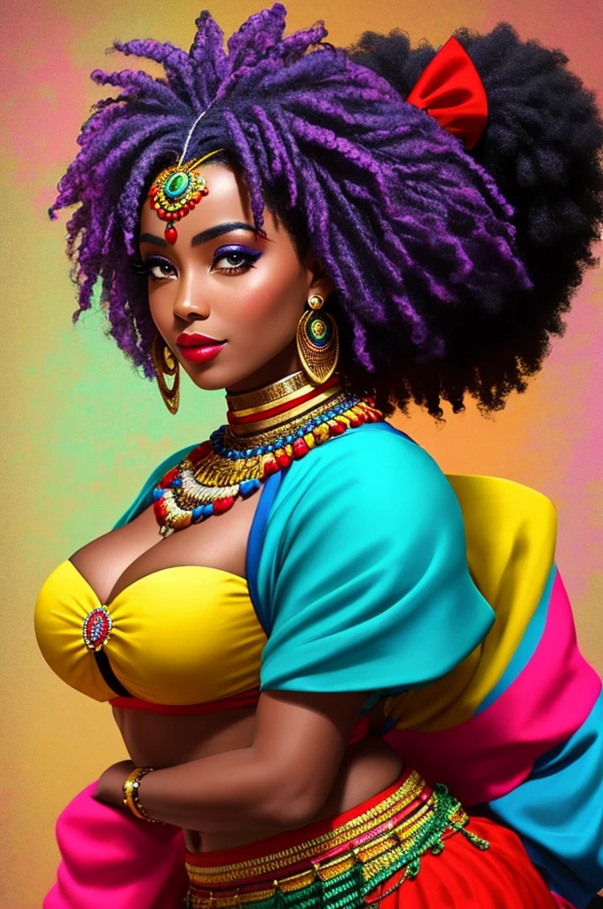 description: Generate an image of Harley Quinn with totally African characteristics, incluindo pele escura, cabelo enrolado e colorido.
Instructions for generating the image:
1. A Arlequina deve ser representada como uma mulher (africana, com pele escura )and facial features that reflect the ethnic and cultural diversity of the African continent.
2. Seu cabelo deve ser naturalmente (enrolado, com cachos definidos e cheios), demonstrando a beleza dos diferentes estilos e texturas de cabelo afro.
3. Hair coloring should be vibrant, usando cores como azul, rosa, verde ou roxo, que combinem harmoniosamente com sua (pele escura )e realcem sua personalidade marcante.
4. Ela deve estar vestindo um traje inspirado na personagem original da Arlequina, with a predominance of black and red colors, azul,amarelo e rosa,but with elements that value the richness of cultural traditions( africanas.)
5. Harley Quinn's pose should be dynamic, reflecting his outgoing and energetic personality, and allowing you to highlight your African identity with confidence.
6. O fundo da imagem pode ser uma paisagem urbana, allusion to a cosmopolitan city, or any scenery that refers to the bustling city, mas com elementos que possam representar a cultura africana de forma respeitosa, respeitoso, Sensitive and respectful way;, avoid stereotypes and cultural appropriation. Enfatize a beleza e a diversidade da cultura africana, proporcionando uma imagem empoderadora da Arlequina.
Contar: Use sensory descriptions to enhance the image, destacando a (textura do cabelo,) os detalhes do traje, the facial expression and atmosphere of the scenery.
da Arlequina; 8k