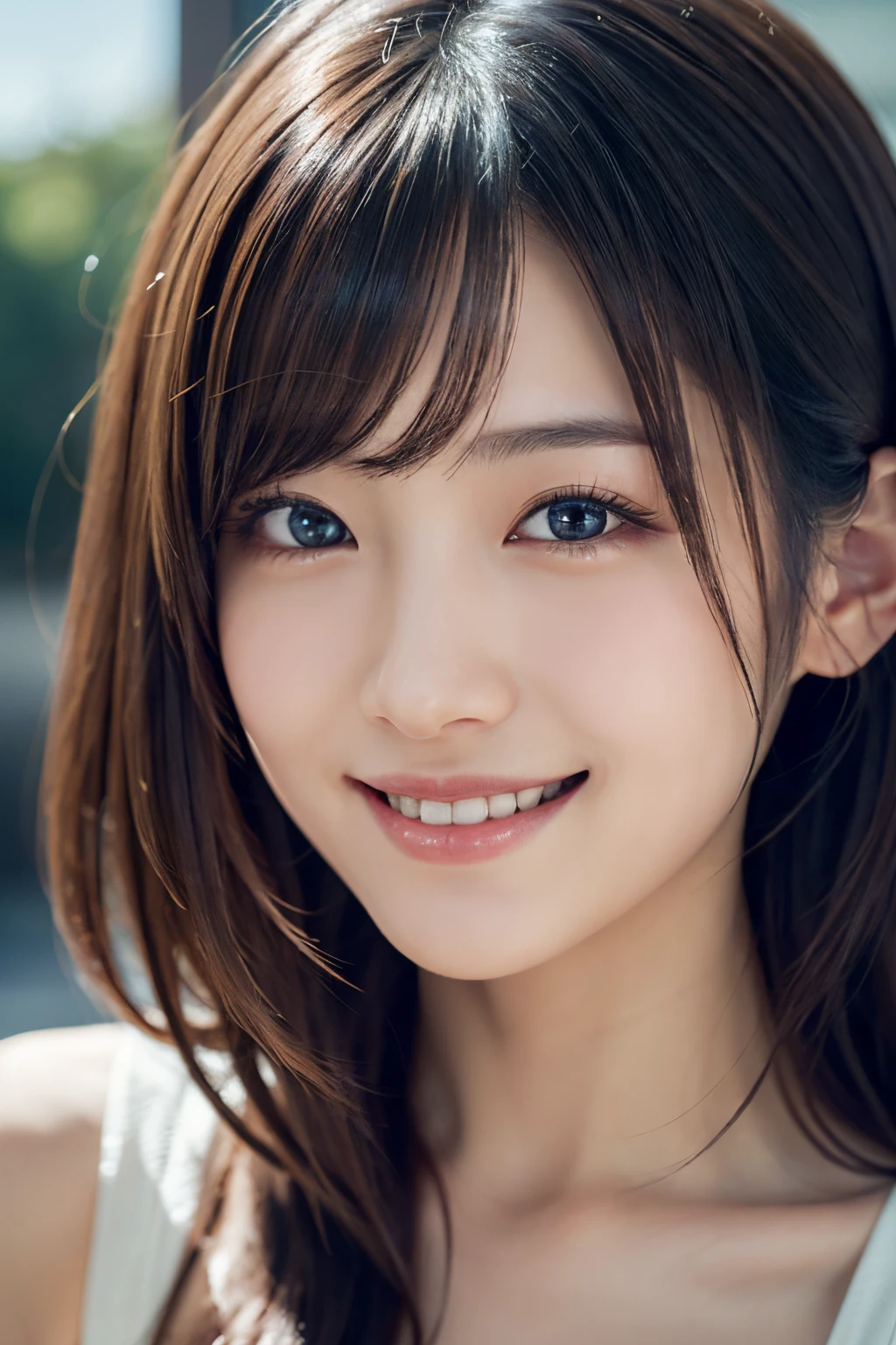 (A hyper-realistic) , (photographrealistic:1.4),(Increase the resolution), (8K), (ighly detailed), (beatiful detailed eyes), (best qualtiy), (ultra-detailliert), (masterpiece), (wall-paper), (详细的脸), 独奏,1 rapariga, perfect beautiful japanese woman:1.4、25-years old、looking at the viewers, delicate detail, A detailed face, murky, deep-shadows, hair messy, asymmetrical bangs, (A smile:1.5),