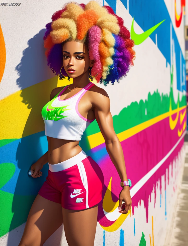 Graffiti painting, street art, 32k extremely detailed CG unit wallpaper, 32k landscape, artwork, masterpiece, best quality, amazing light strokes, of a 25 year old girl, gym (( Athletic)) Afro Brazilian with hair((extra short platinum)) , Tennis ((Nike)) in graffiti style on a white wall with vibrant colors.