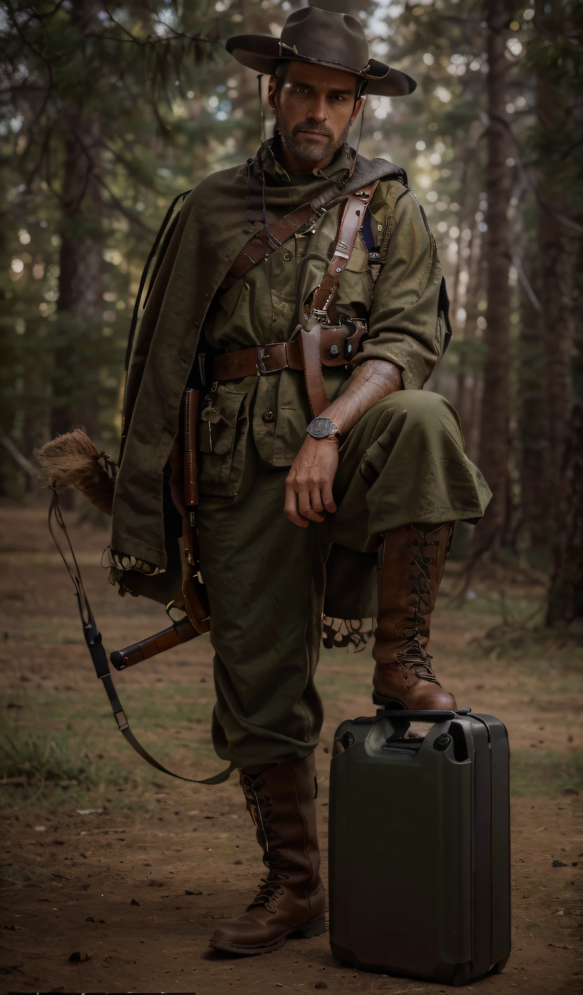 male soldier, Argentine face features, Wears a black cowboy hat, Wears a red poncho, Brown military uniform, Military boots, Belt with ammunition, Highly detailed hands, Carries a tomiegun, has one foot in a gas tank, is in a grassland in the background you see smoke, Fire, ultra-realistic, 4k, Ultra detailed image, realistic, Highly detailed, perfect composition, gorgeous, Intricately detailed, incredibly detailed, Art photography 8K, hyper detailed, Masterpiece, Ultra detailed, hyper realistic, 4k, Ultra detailed image, realistic, Highly detailed, perfect composition, beautiful, intricately detailed, incredibly detailed, art photography 8k, hyper detailed, masterpiece