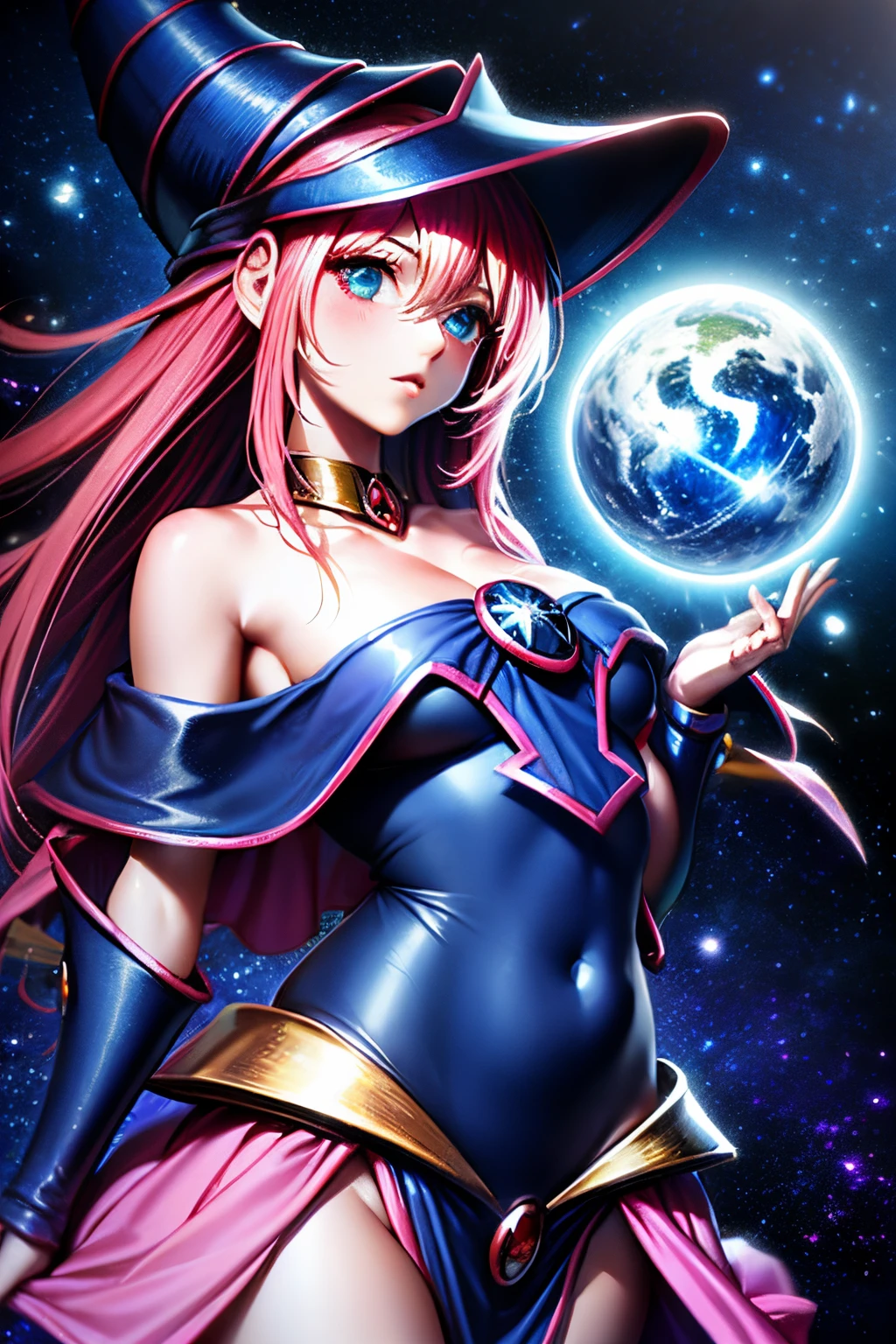 Giles magos oscuros. magos oscuros. ojos azules. cabello rubio. labios rojos. Detailed features.., cosmic colors, Ethereal lighting, Pintura surrealista, High resolution, Otherworldly atmosphere, Seres celestiales. Hermosa diosa