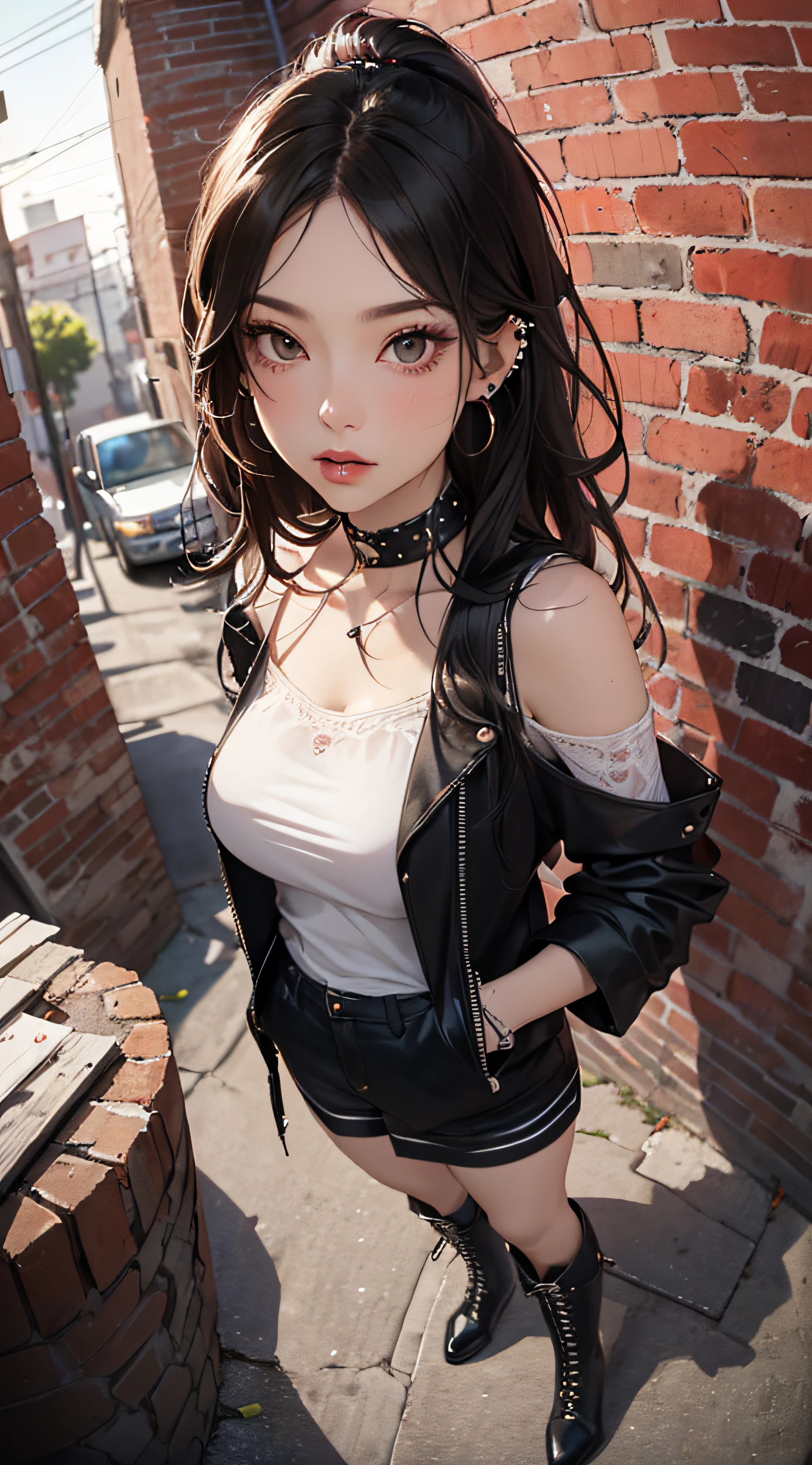 (((8k wallpaper of extremely detailed CG unit:1.2, ​masterpiece, hight resolution:1.2, top-quality:1.2, masutepiece))), ((a very beautiful woman, Grunge Fashion, Wearing a blouson:1.1, Wearing shoes, Hands in pockets:1.8)), ((extra detailed face, Highly detailed black eyes, extra detailed body, Top quality real texture skins)), (A dark-haired, The long-haired, de pele branca, Small:1.2, Exposed cleavage), ((surrounded by a brick wall)), (high-angle:1.2, a closeup, Fisheye:1.4), hyper realisitic, digitial painting,