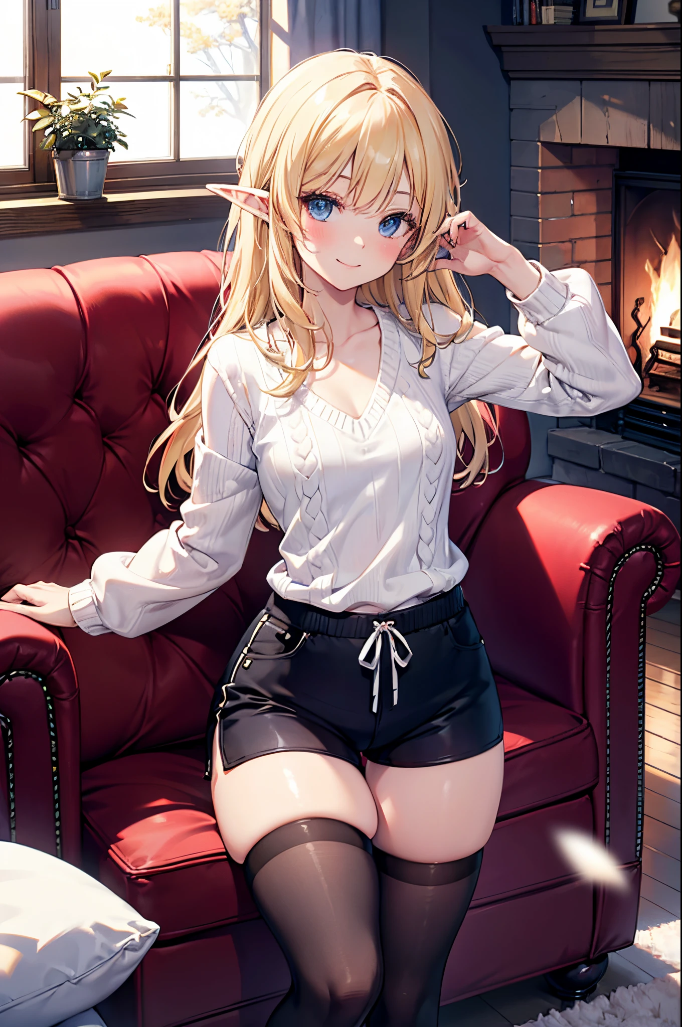 Realistic image, Detailed image, 1 small elf. Long silky loose hair, blonde hair, Blue eyes, Long eyelashes. Sleeveless sweater, Pajama V-neck sweater. Pajama fabric minishorts. Stockings to mid-thigh. Medium breasts, slim waist, wide hips and thick thighs. smiling. Arched back. Living room with fireplace. Winter. Snowy day. Volumetric light. Ambient light.