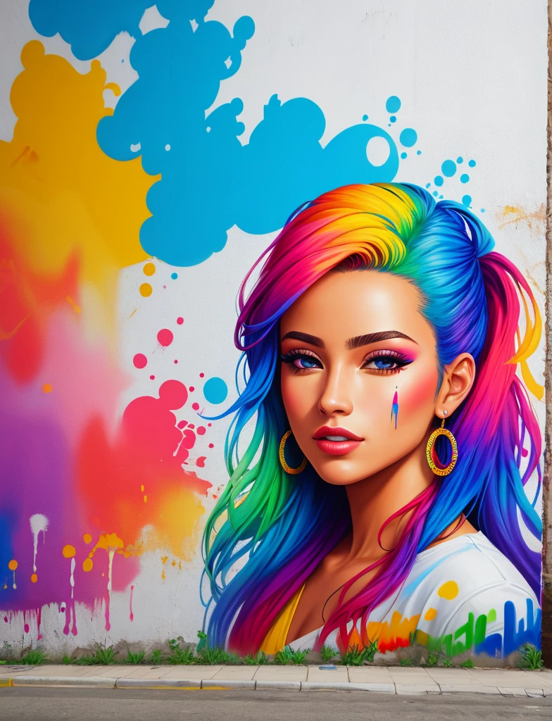 Graffiti painting, street art, 16k extremely detailed CG unit wallpaper, 16k landscape, artwork, masterpiece, best quality, amazing light brushstrokes, of a Colombian woman in graffiti style on a white wall with vibrant colors.