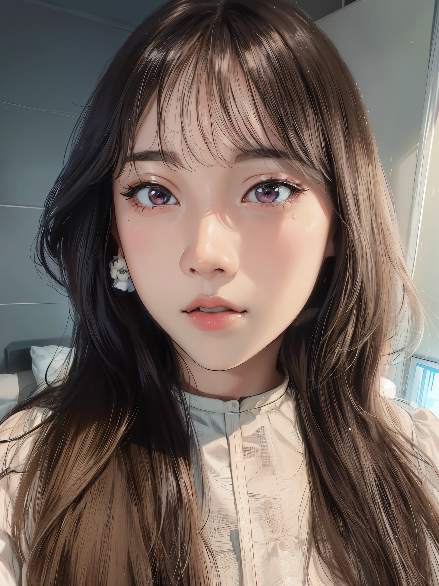 there is a woman with long hair and a white shirt, kawaii realistic portrait, soft portrait shot 8 k, young adorable korean face, wan adorable korean face, 8k selfie photograph, clear cute face, ulzzang, portrait of jossi of blackpink, with cute - fine - face, portrait of female korean idol, young cute face, with cute doting eyes