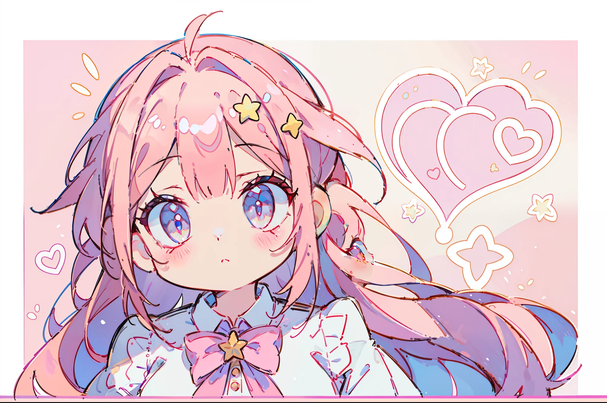 One girl、Looking at the camera、Prone、Angle from the front、A pink-haired、Twin-tailed、Yumekawa、cute little、hair pin、PastelColors、​masterpiece、Top image quality、top-quality、Star hair ornament、red eyes、Heart pupil、White blouses、Cheek cane、Very delicate illustration、fine portrayal、8K、beatiful backgrounds、Finely written illustrations、superior image quality、