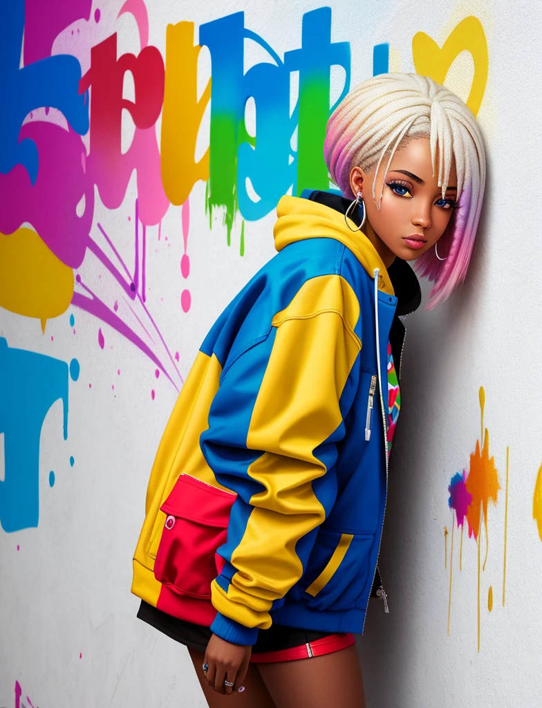 Graffiti painting, street art, 32k extremely detailed CG unit wallpaper, 32k landscape, artwork, masterpiece, best quality, amazing light brushstrokes, of a 24 year old African American girl with platinum hair in graffiti style on a white wall with vibrant colors.