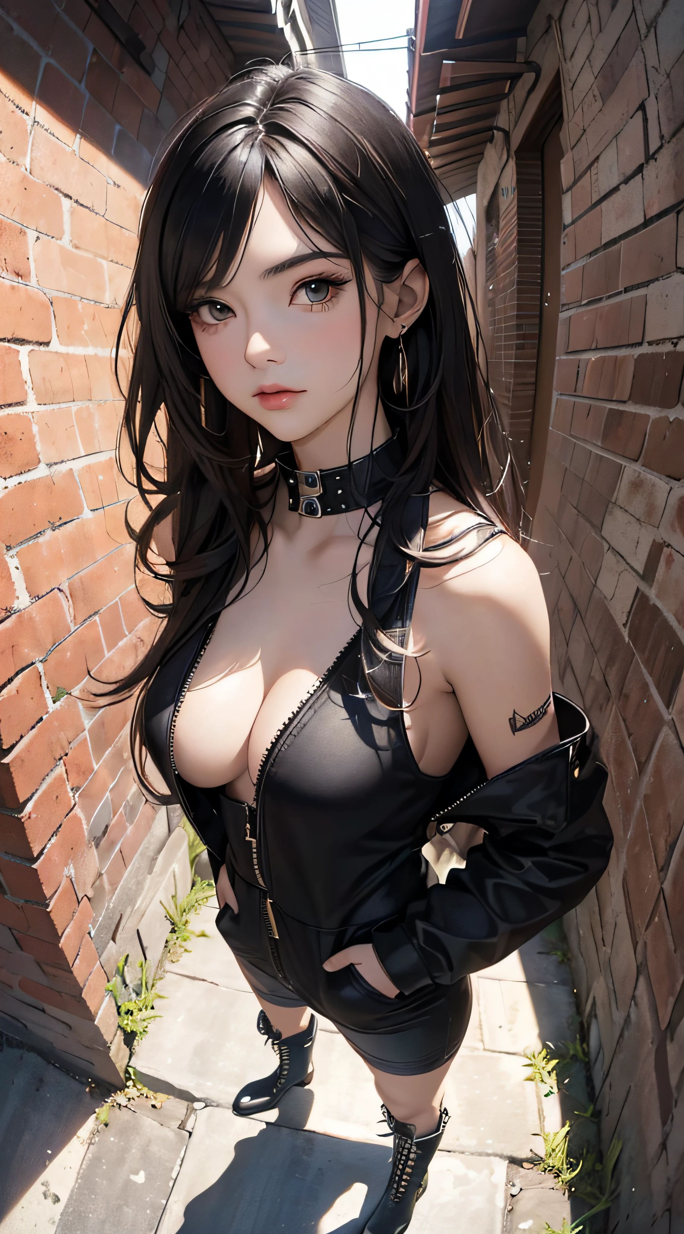 (((8k wallpaper of extremely detailed CG unit:1.2, ​masterpiece, hight resolution:1.2, top-quality:1.2, masutepiece))), ((a very beautiful woman, Hands in pockets:1.8, Fashion poses:1.3, punk fashion:1.5, Wearing boots:1.3)), ((extra detailed face, Highly detailed black eyes, extra detailed body, Top quality real texture skins)), (A dark-haired:1.2, straight haired:1.2, The long-haired, de pele branca, Big:1.2, exposed shoulder), ((Alley without people, Mileland, Brick wall, natta)), (high-angle:1.1, a closeup, Fisheye:1.4), hyper realisitic, digitial painting,