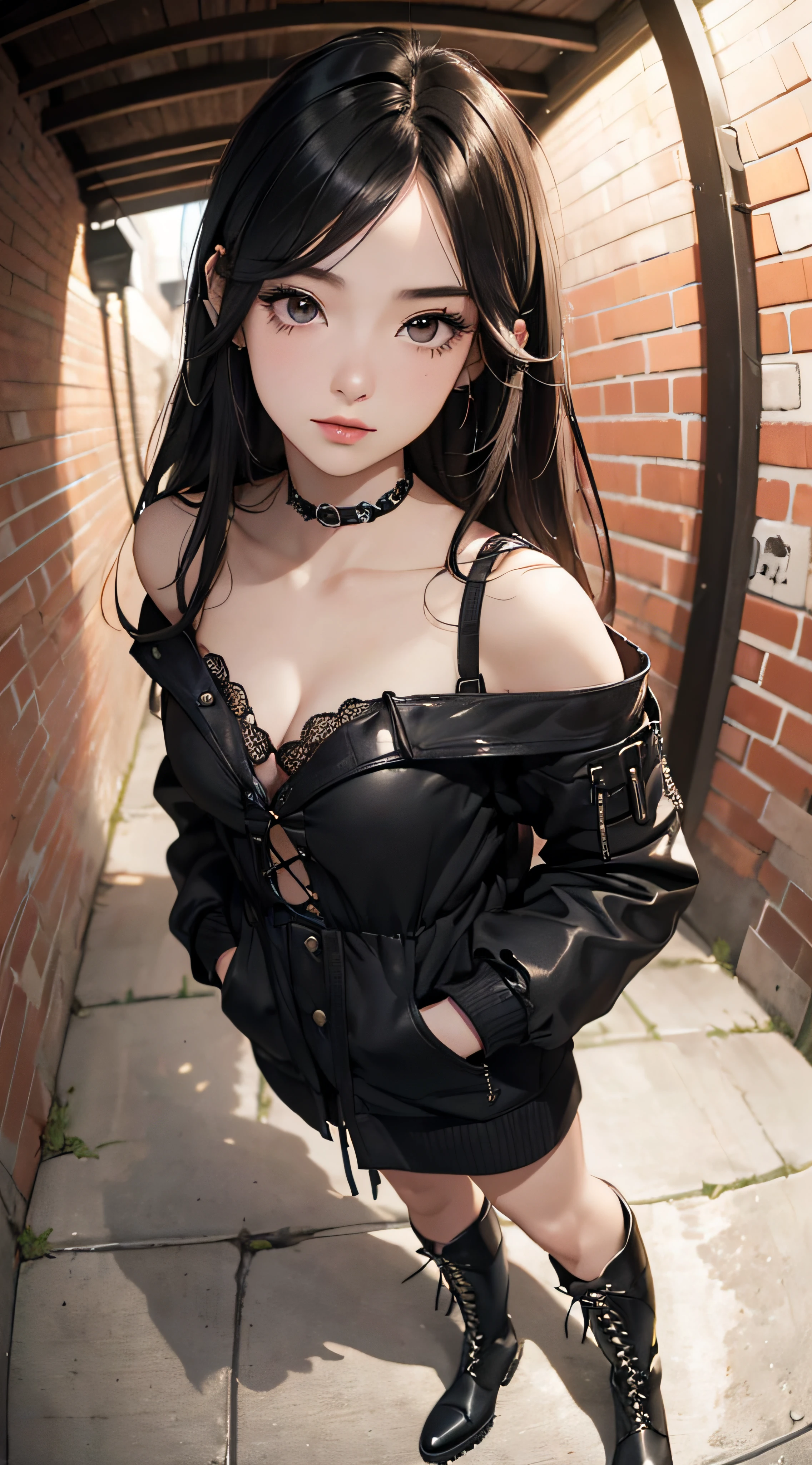 (((8k wallpaper of extremely detailed CG unit:1.2, masterpiece, hight resolution:1.2, top-quality:1.2, masutepiece))), ((a very beautiful woman, Hands in pockets:1.8, Fashion poses:1.3, punk fashion:1.5, Wearing boots:1.3)), ((extra detailed face, Highly detailed black eyes, extra detailed body, Top quality real texture skins)), (A dark-haired:1.2, straight haired:1.2, The long-haired, de pele branca, Big:1.2, exposed shoulder), ((Alley without people, Mileland, Brick wall, natta)), (high-angle:1.1, a closeup, Fisheye:1.4), hyper realisitic, digitial painting,