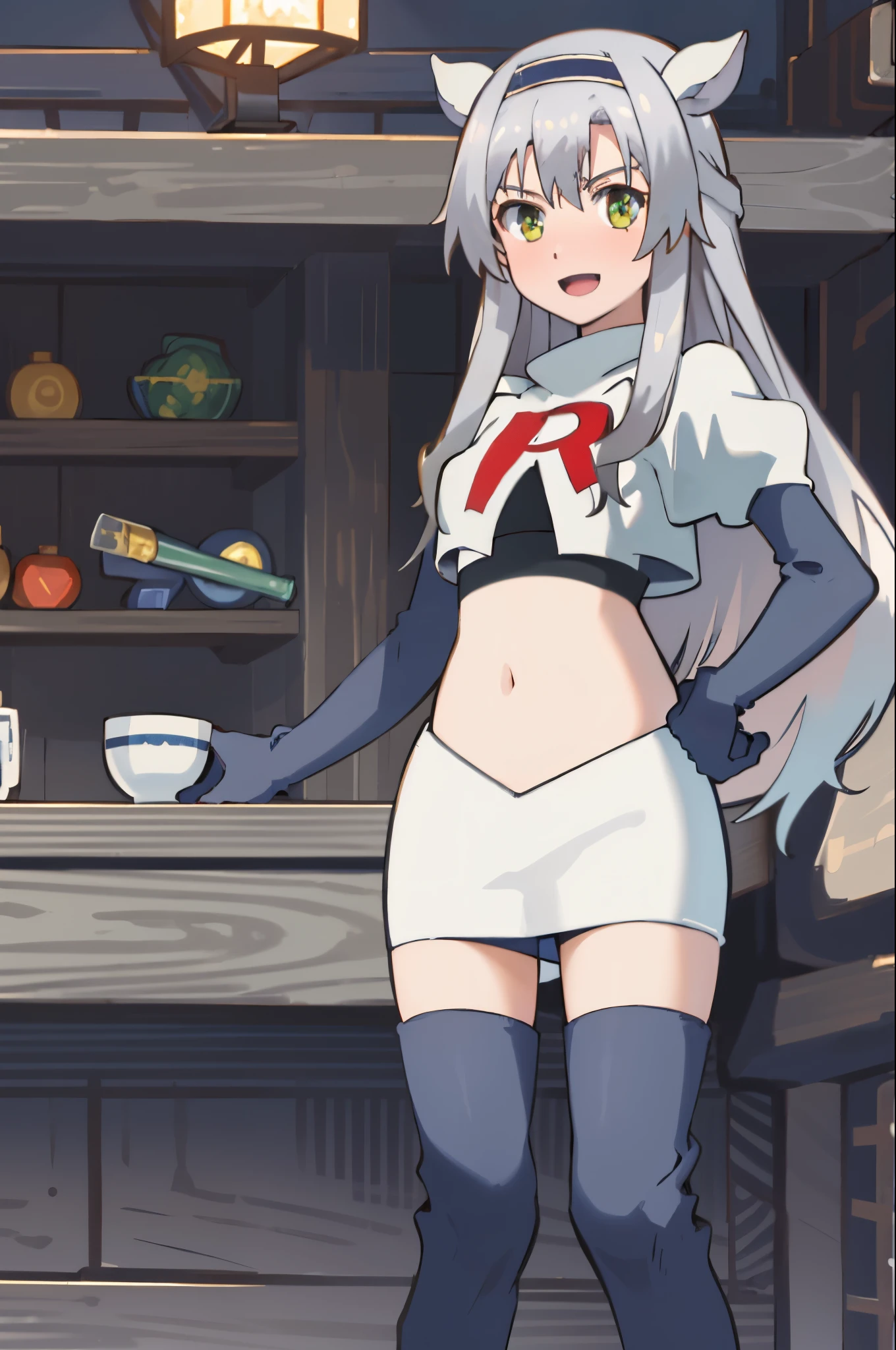 best quality, (masterpiece:1.2), detailed, medieval,
Sistine Fibel,
1girl, solo, open mouth, light smile, blush,
long hair, grey hair, green eyes, blue hairband, animal ears,
team rocket,team rocket uniform,white skirt,crop top,red letter R,black thigh-high boots,black elbow gloves,