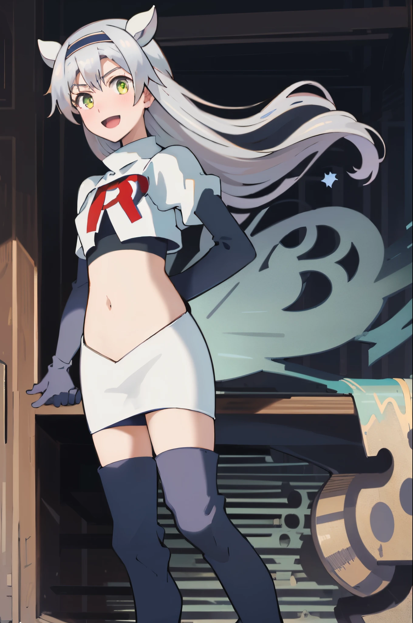 best quality, (masterpiece:1.2), detailed, medieval,
Sistine Fibel,
1girl, solo, open mouth, light smile, blush,
long hair, grey hair, green eyes, blue hairband, animal ears,
team rocket,team rocket uniform,white skirt,crop top,red letter R,black thigh-high boots,black elbow gloves,