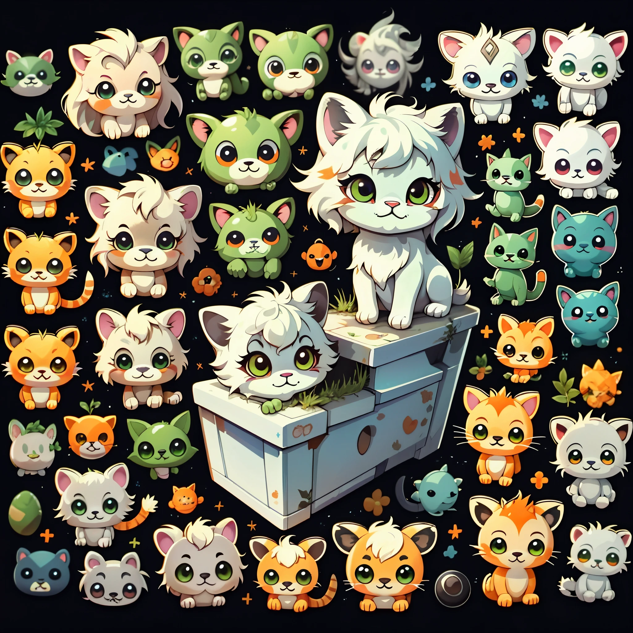 Emoticon pack,Little Lion\(Organism\),simple backgound,Cartoon Cute,Green eyes,Silver-white hair
