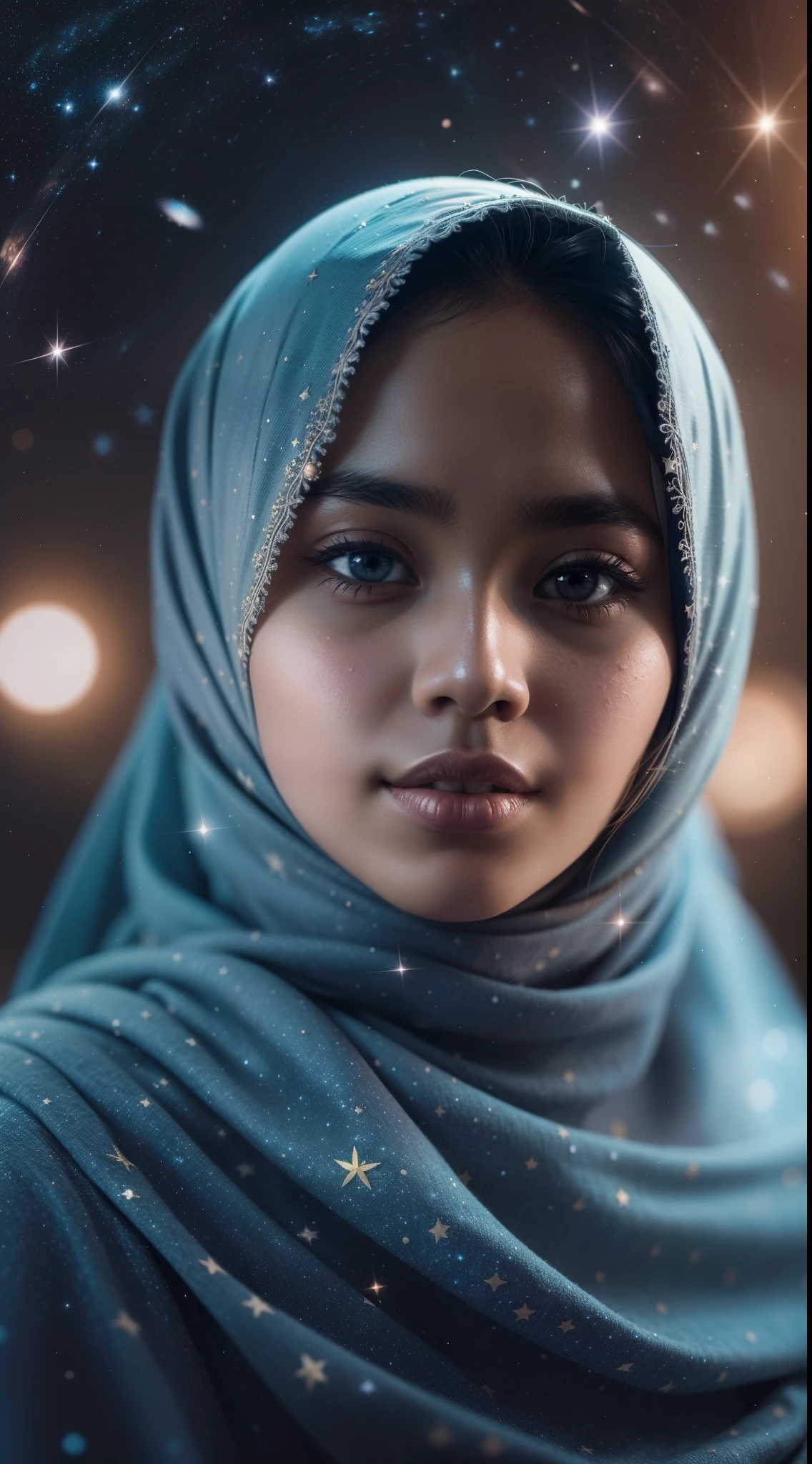 Craft a celestial-themed portrait of a Malay girl in hijab. Illuminate the hijab with stars and galaxies, blending the earthly with the cosmic in a mesmerizing and ethereal composition, 8mm, Close-up shot, cool-toned color grading, depth of field, film noir