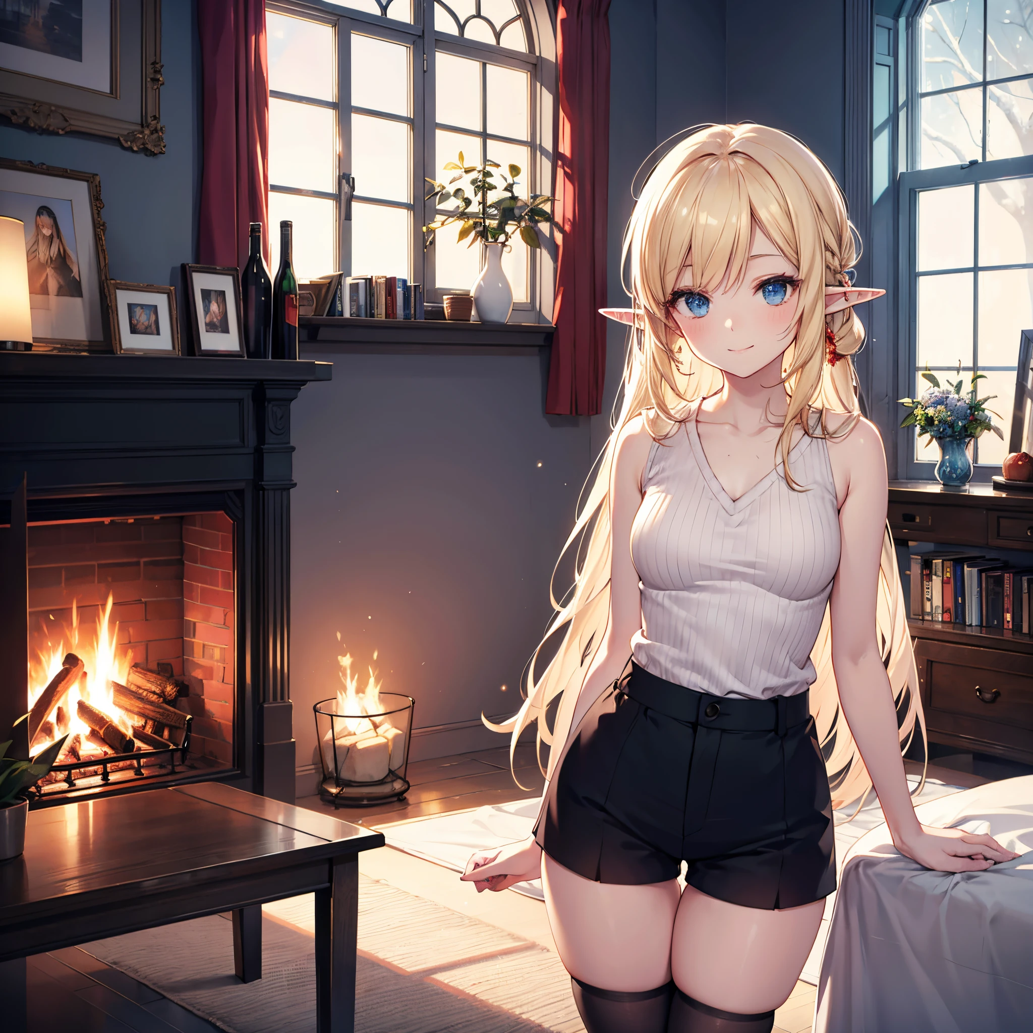 Realistic image, Detailed image, 1 small elf. Long silky loose hair, blonde hair, Blue eyes, Long eyelashes. Sleeveless sweater, Pajama V-neck sweater. Pajama fabric minishorts. Stockings to mid-thigh. Medium breasts, slim waist, wide hips and thick thighs. smiling. Arched back. Living room with fireplace. Winter. Snowy day. Volumetric light. Ambient light.