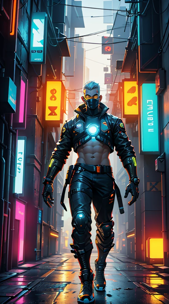 A muscular monkey 8k, cinematic lighting, cyberpunk, dark boy, trash gang face mask,blue hair,daylight,face facing forward