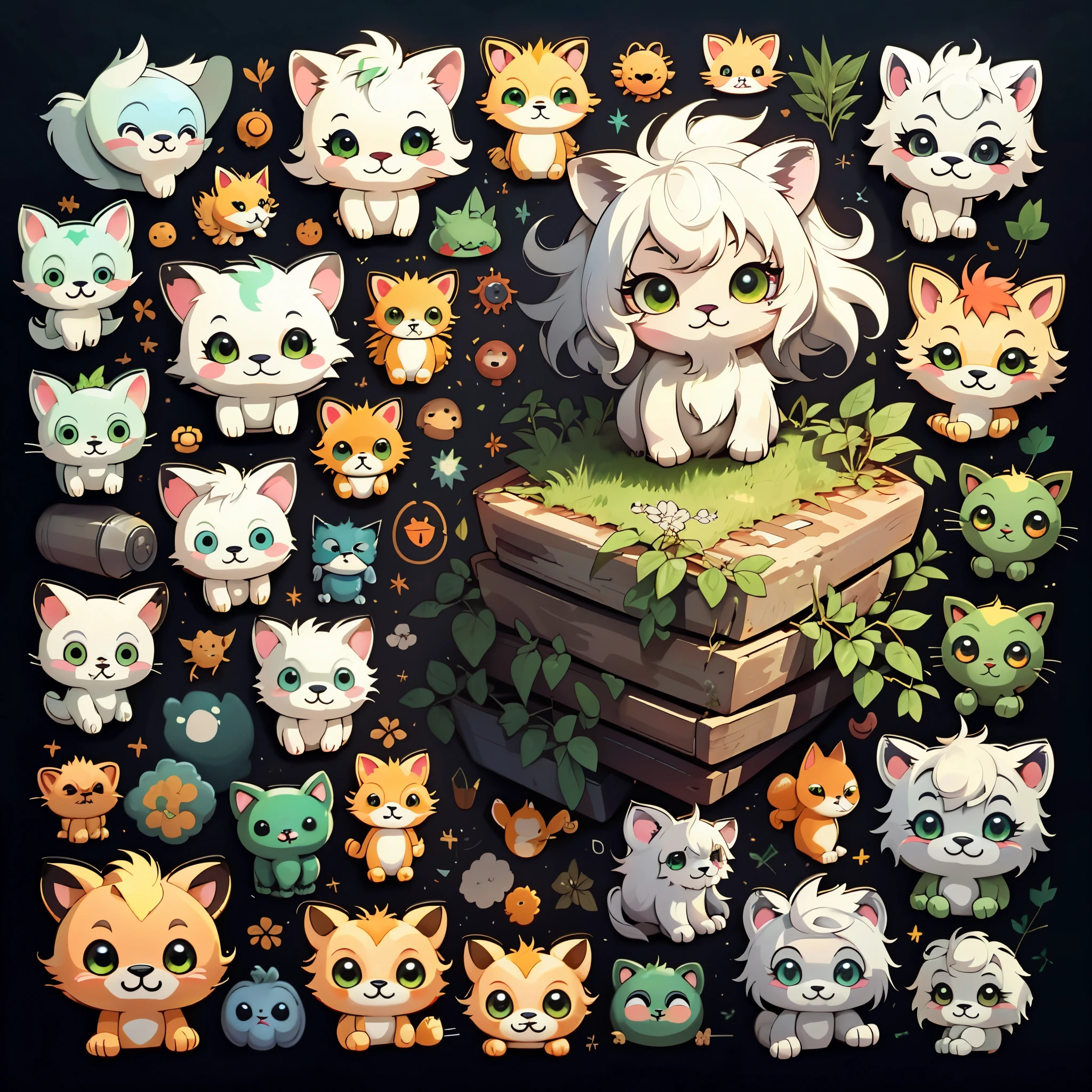 Emoticon pack,Little Lion\(Organism\),simple backgound,Cartoon Cute,Green eyes,Silver-white hair