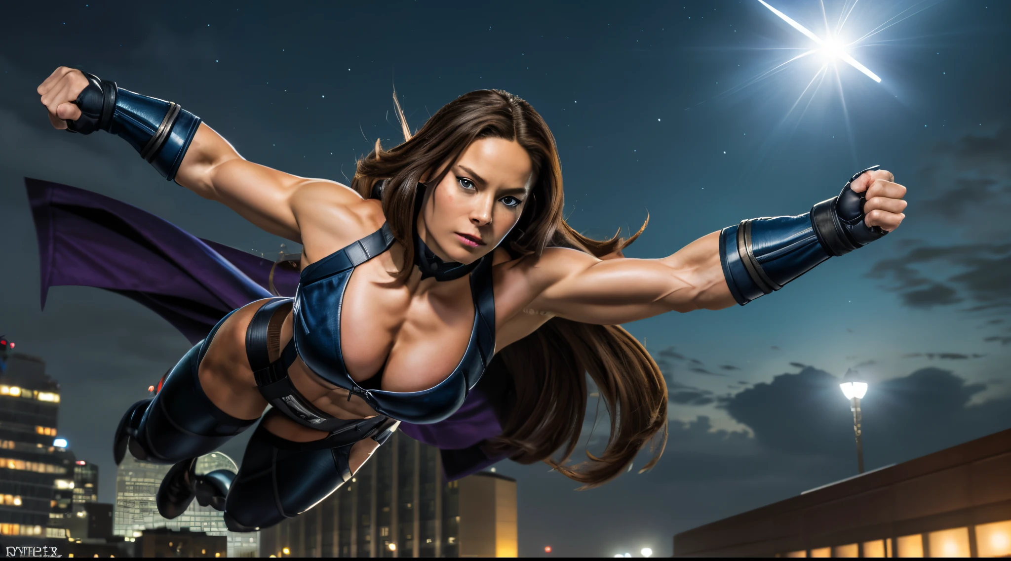 (8k, RAW photo, best quality, masterpiece:1.3),(realistic,photo-realistic:1.37),(night),(looking at viewer:1.331), (flying in the sky like X-men Rogue:1.2),very muscular bodybuilder 25 yo evil Brie Larson with (F-cup breasts:1.2) and muscular legs and (round glutes:1.2) is flying in the sky, (electrified hands:1.2), night cityscape, soft light,1girl,extremely beautiful face,bust, (flying like Xtreme X-men Rogue:1.3), super long hair,Random hairstyle, 8-pack abs, perfect body