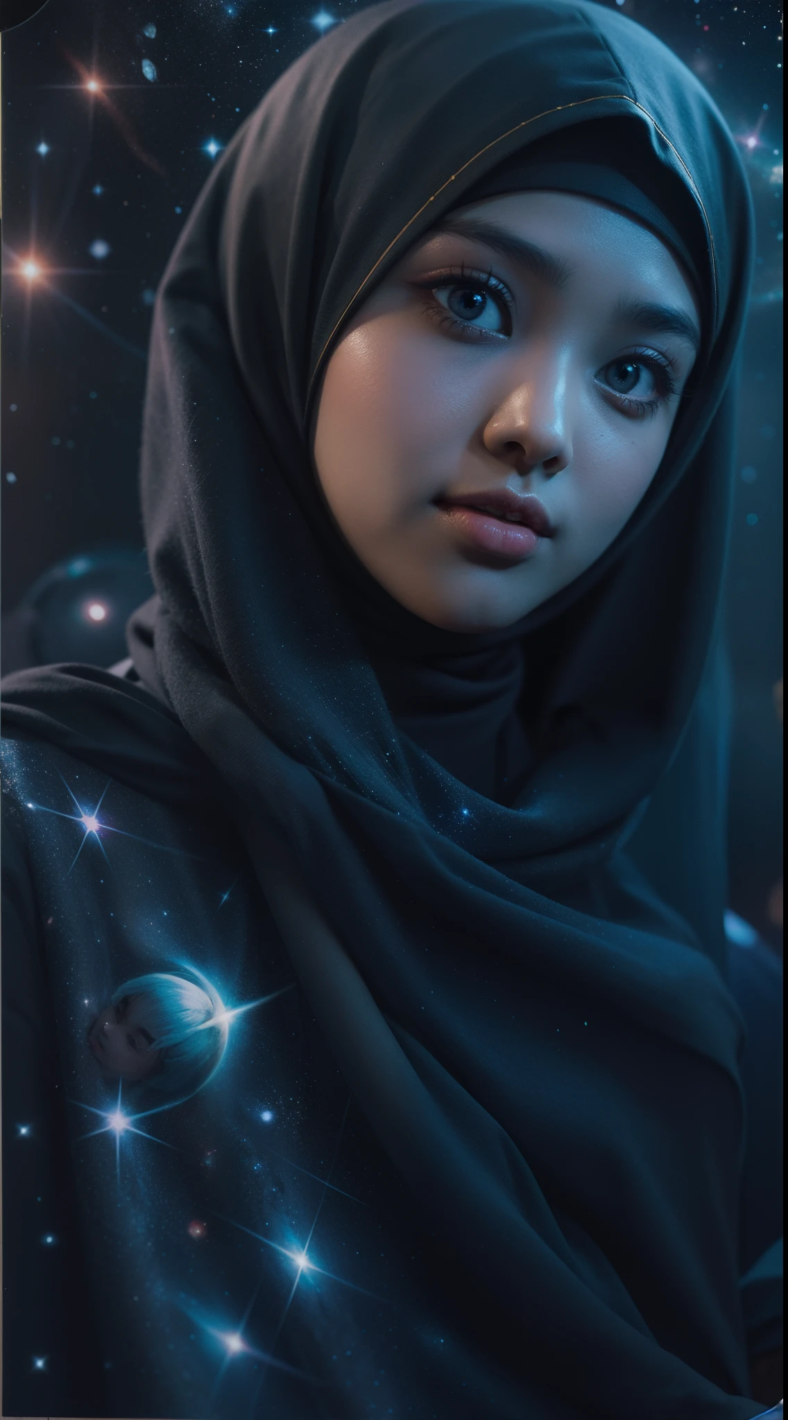 Craft a celestial-themed portrait of a Malay girl in hijab. Illuminate the hijab with stars and galaxies, blending the earthly with the cosmic in a mesmerizing and ethereal composition, 8mm, Close-up shot, cool-toned color grading, depth of field, film noir