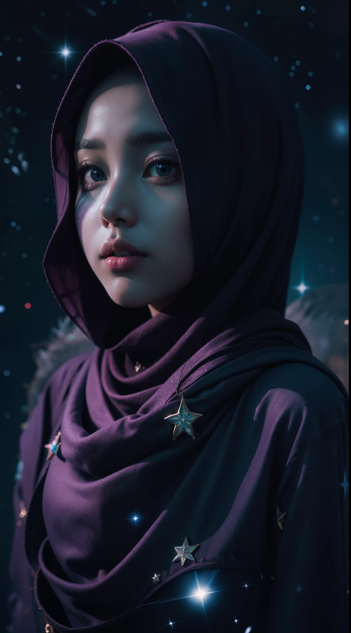 Craft a celestial-themed portrait of a Malay girl in hijab. Illuminate the hijab with stars and galaxies, blending the earthly with the cosmic in a mesmerizing and ethereal composition, 8mm, Close-up shot, cool-toned color grading, depth of field, film noir