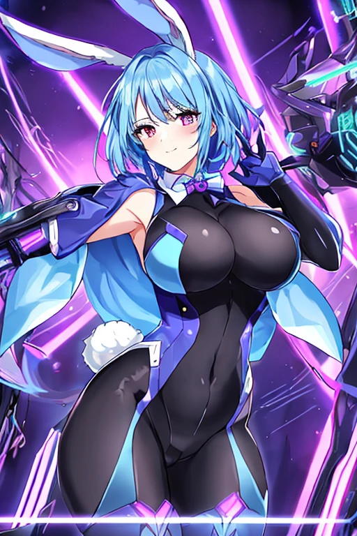 1girl, blue hair, large breasts, breasts, thick thighs, wide hips, purple eyes, bodysuit, black bodysuit, pantyhose, short hair, light smile, happy, very short hair, science-fiction, tech, futuristic, black pantyhose, thighhighs, neon, machinery, bunny ears, neon trim, anime style, 2d, anime screencap, blue neon trim, rabbit tail, rabbit ears