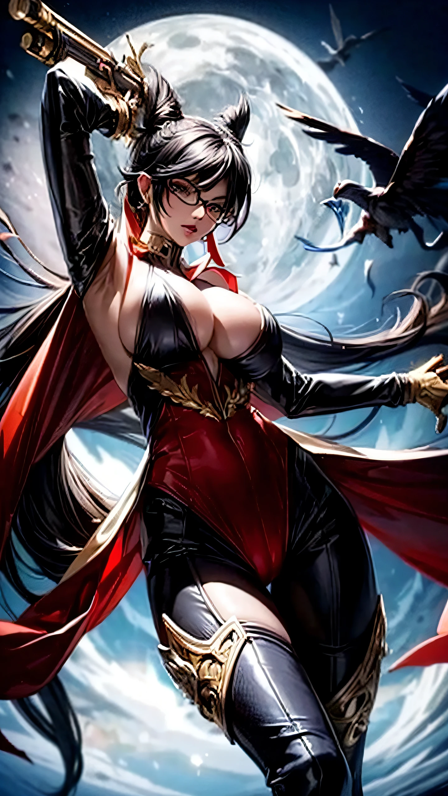 bayonetta、((Shoot the gun))、((Jumping Kick))、Sexy costume、Cool costumes、sexypose、cleavage of the breast、Cameltoe、Against the backdrop of a moonlit night、church of the devil