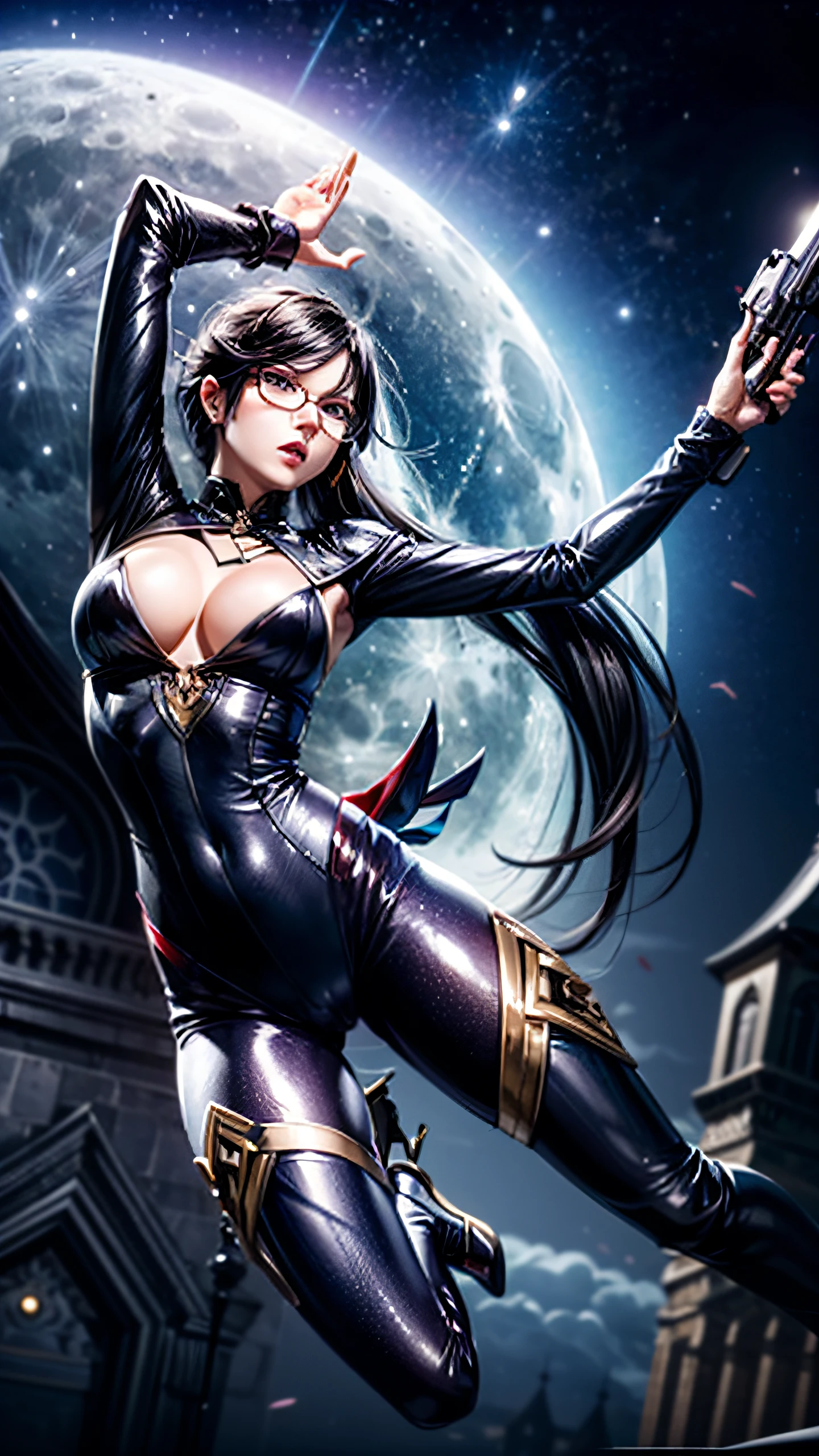 bayonetta、((Shoot the gun))、((Jumping Kick))、Sexy costume、Cool costumes、sexypose、cleavage of the breast、Cameltoe、Against the backdrop of a moonlit night、church of the devil