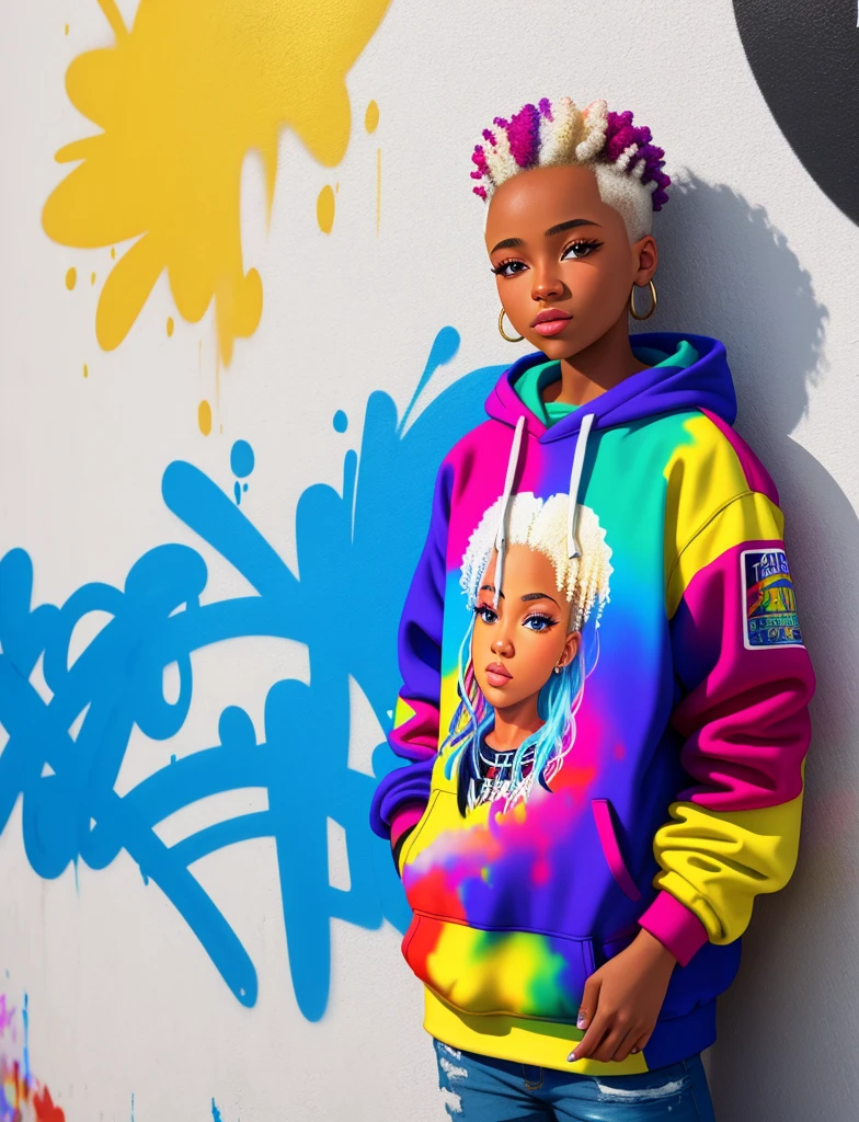 Graffiti painting, street art, 16k extremely detailed CG unit wallpaper, 16k landscape, artwork, masterpiece, best quality, amazing light brushstrokes, of a 16 year old African American girl with platinum hair in graffiti style on a white wall with vibrant colors.