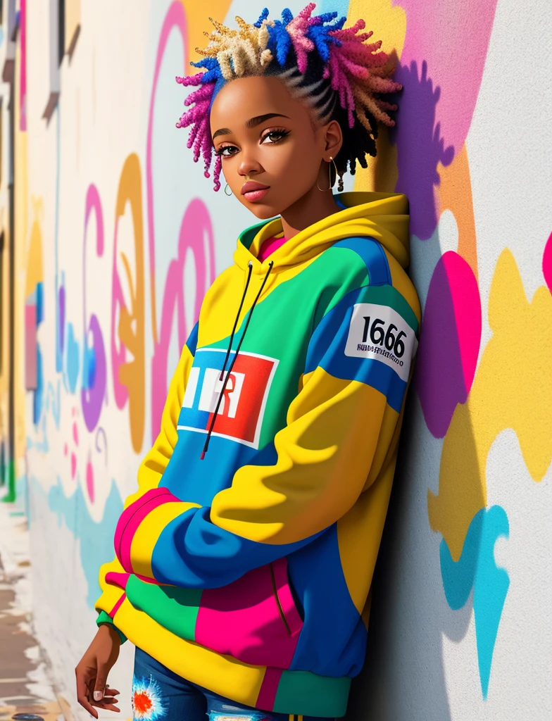 Graffiti painting, street art, 16k extremely detailed CG unit wallpaper, 16k landscape, artwork, masterpiece, best quality, amazing light brushstrokes, of a 16 year old African American girl with platinum hair in graffiti style on a white wall with vibrant colors.