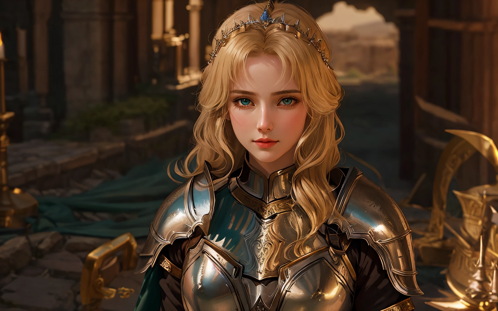 One in armor、Close-up of woman holding sword, Expressive female warrior, gorgeous female paladin, woman, , Charming princess knight, beautiful female knight, Uma personagem feminina, human warrior princess, beautiful female knight, portrait knight woman, Beautiful blonde queen，Green eyes