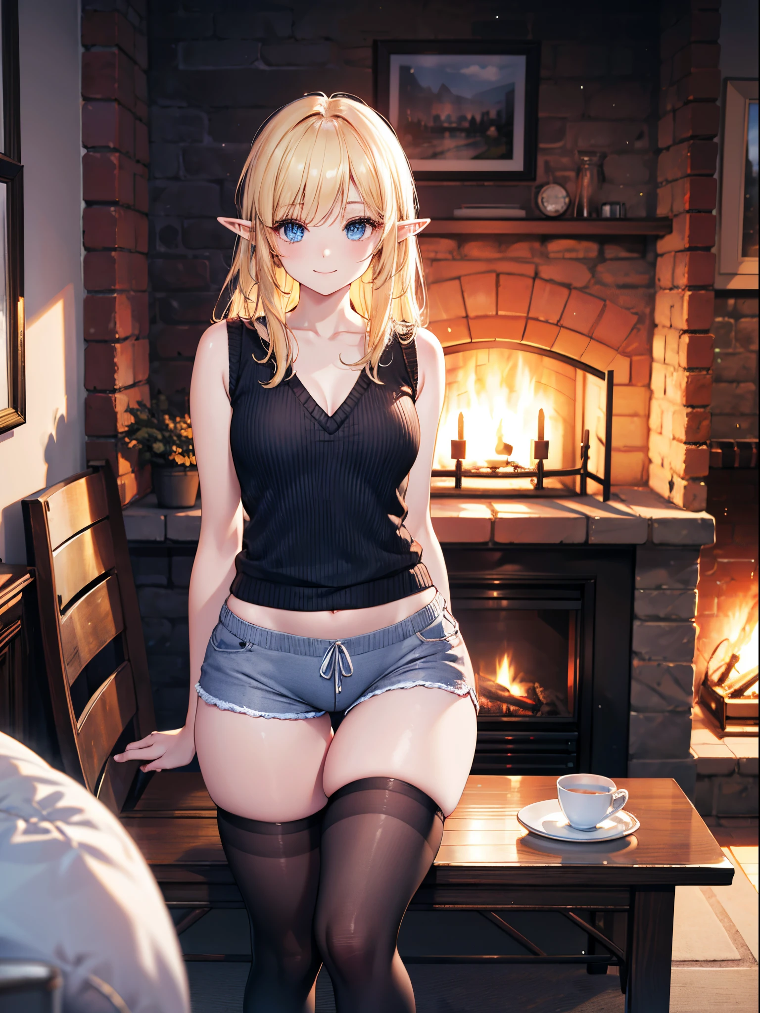Realistic image, Detailed image, 1 small elf. Long silky loose hair, blonde hair, Blue eyes, Long eyelashes. Sleeveless sweater, Pajama V-neck sweater. Pajama fabric minishorts. Stockings to mid-thigh. Medium breasts, slim waist, wide hips and thick thighs. smiling. Arched back. Living room with fireplace. Winter. Snowy day. Volumetric light. Ambient light.