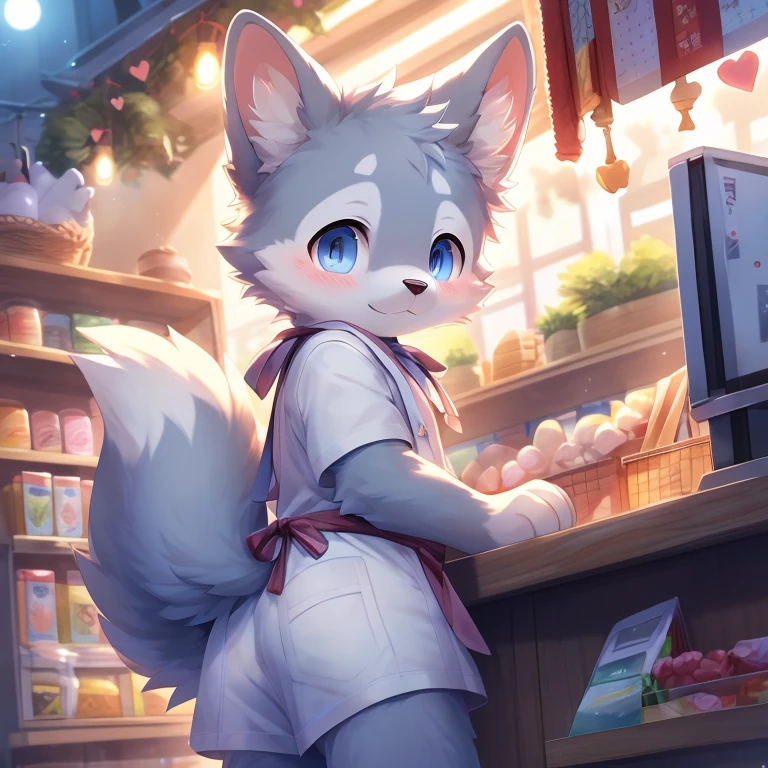 Daytime, sunlight (store, cashier counter table), white wall, cashier, white cashier table, full_body, Kemono, (puppy dog, gray color fur, pink paws and nose, light blue eyes, tail, white heart fur pattern in buttocks, heart buttocks) anatomically correct , male, furry, (fluffy | soft body), white apron, blushing, innocent, soft pawpads, 3_toes (standing), bright | light blue pupils, innocent look, blush | detailed face, facing_viewer (high_quality, best_quality:1.2), (detailed_background:1.3), (detailed_fur:1.3), (Highly_detailed:1.2),(absurd_res:1.1) uploaded_on_e621, ambient_moon_light, reality_ray_tracing, solo, (front_view),  [gray And white fur],
