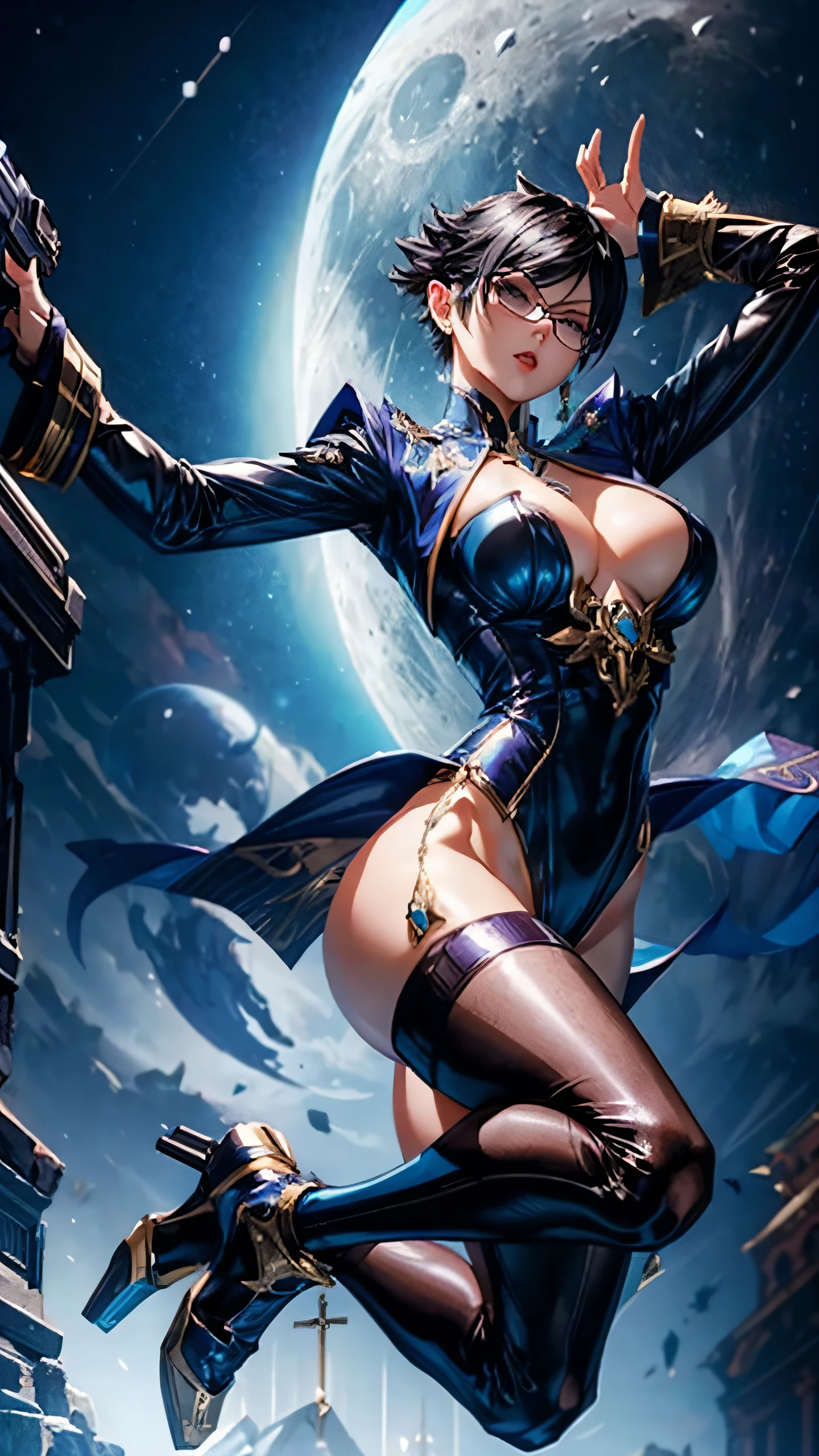 bayonetta、((Shoot the gun))、((Jumping Kick))、Sexy costume、Cool costumes、sexypose、cleavage of the breast、Cameltoe、Against the backdrop of a moonlit night、church of the devil
