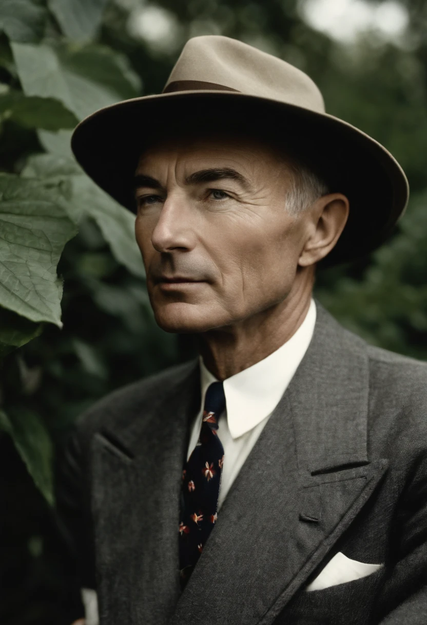 A photo of Oppenheimer exploring a botanical garden, captivated by the intricate patterns of a blooming flower.,World War II,J. Robert Oppenheimer was a slender, sharp-featured man, often seen with a cigarette in hand, which complemented his contemplative demeanor. He had deep-set eyes and a prominent nose, which, alongside his habitual wearing of a pork pie hat, gave him a distinctive silhouette.