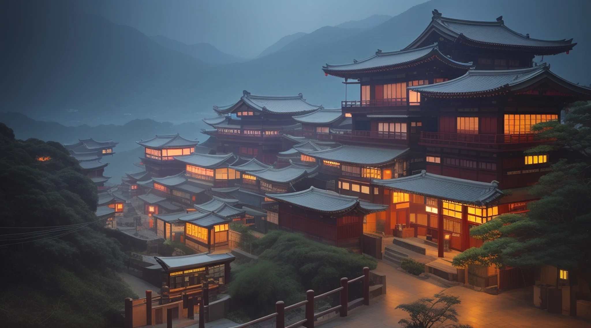Asian architecture on a foggy night,vista para a montanha, cidades chinesas sonhadoras, Cidade japonesa, Cyberpunk Chinese Ancient Castle, Cidade japonesa, japanese city at night, arquitetura chinesa antiga, Beautiful Rendering of the Tang Dynasty, Estilo Andreas Rocha, arquitetura japonesa antiga, Como Jiufen, Vila Japonesa, Vila Chinesa, Arquitetura chinesa, inspirado em Andreas Rocha