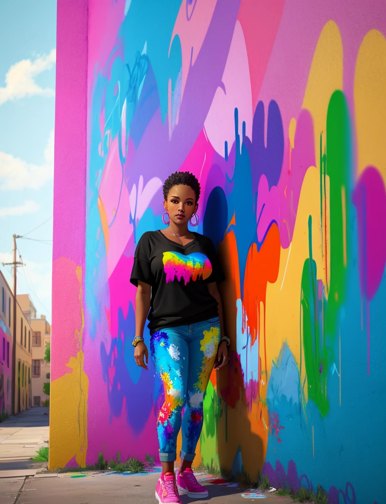 Graffiti painting, street art, 8k extremely detailed CG unit wallpaper, 8k landscape, artwork, masterpiece, best quality, amazing light strokes, of a Black woman in graffiti style on a white wall with vibrant colors.
