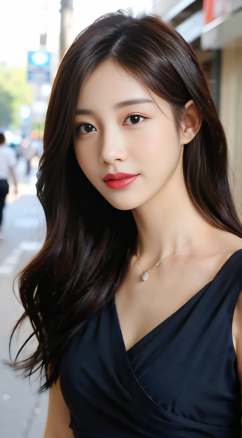 (top-quality、8k、masterpiece:1.3))、1girl in、Beautiful woman emphasizing slender abs:1.3、(random hair styles:1.2)、cleavage of the breast、Black Shirt Blouse、Super detailed face、Gentle eyes、二重まぶた、mideum breasts、large earring、Laughing、