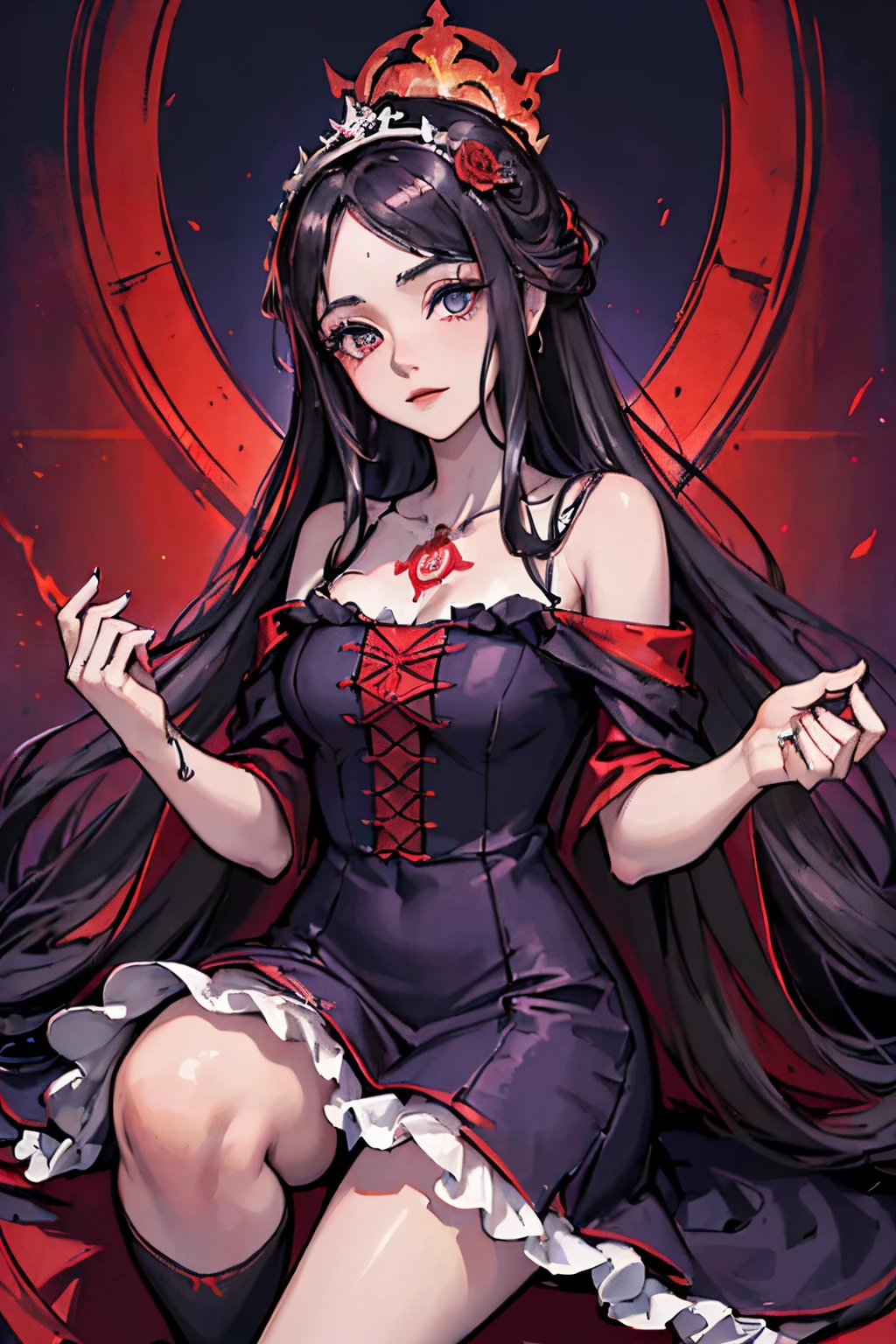 (((((Nezuko))))),(((((Marinette Dupain-Cheng))))),((((Tormenta de muerte con dragones y fuego, a highly detailed epic cinematic concept art, an art station, paisaje, arte conceptual, illustration, highly detailed cinematic artwork, pintura hiperrealista, desde abajo, aura de fuego alrededor)))), (((espalda arqueada, crimson black aura))), ((pupilas detalladas, ojos azul oscuro brillantes) )),(((hell flower garden, palacio, pradera de flores moradas, white rose garden, tatuajes corporales)))),(((joven adolescente hermosa y atractiva))),(((Dark Red and Blue Ruffled Royal Flared Medieval Dress with Sweetheart Neckline,princesa,vestido con escote en pico,emperatriz,gabardina emperatriz))),