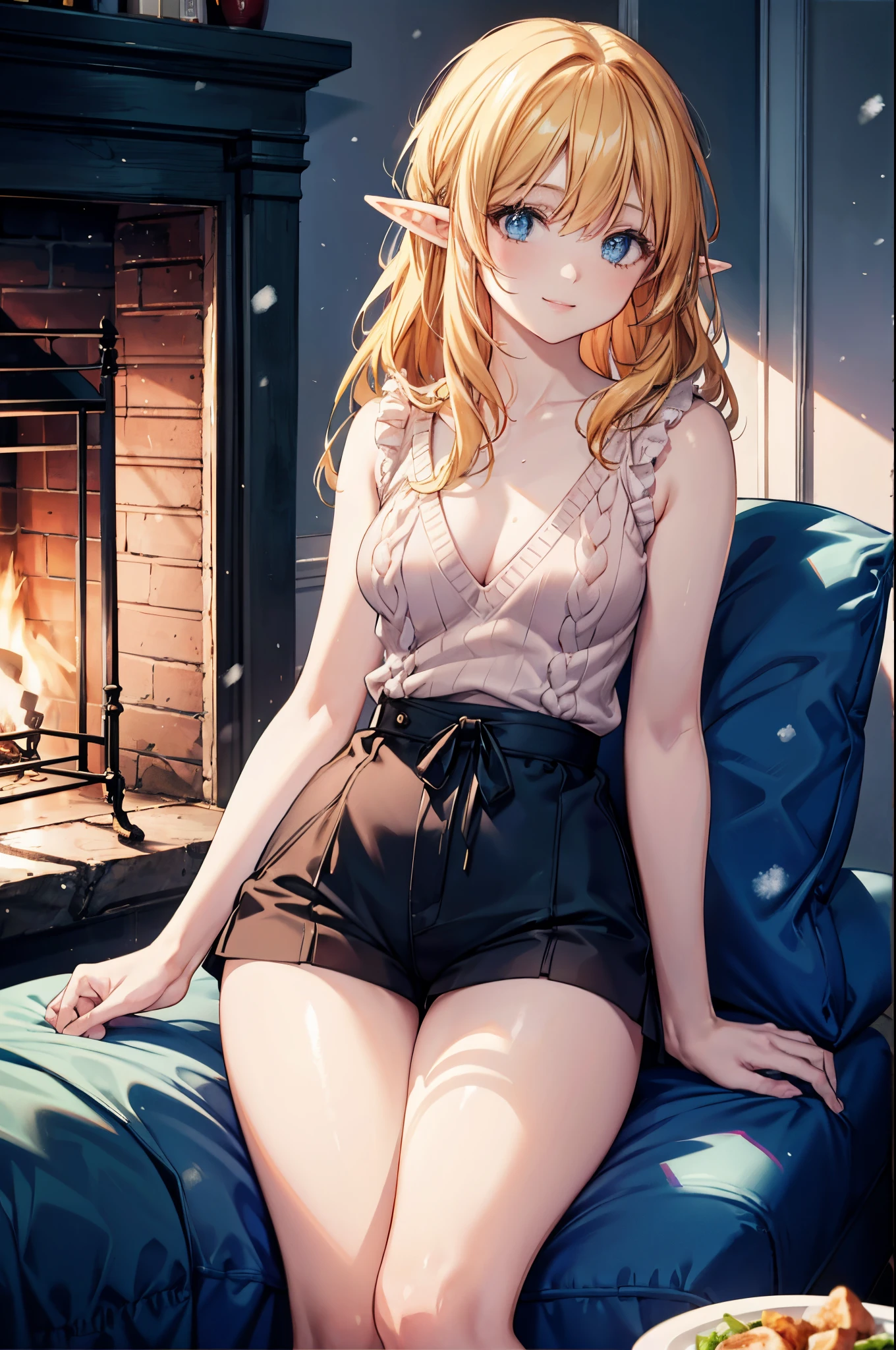 Realistic image, Detailed image, 1 small elf. Long silky loose hair, blonde hair, Blue eyes, Long eyelashes. Sleeveless sweater, Pajama V-neck sweater.  Pajama fabric minishorts. Stockings to mid-thigh. Medium breasts, slim waist, wide hips and thick thighs. smiling. Arched back. Living room with fireplace. Winter. Snowy day. Volumetric light. Ambient light.