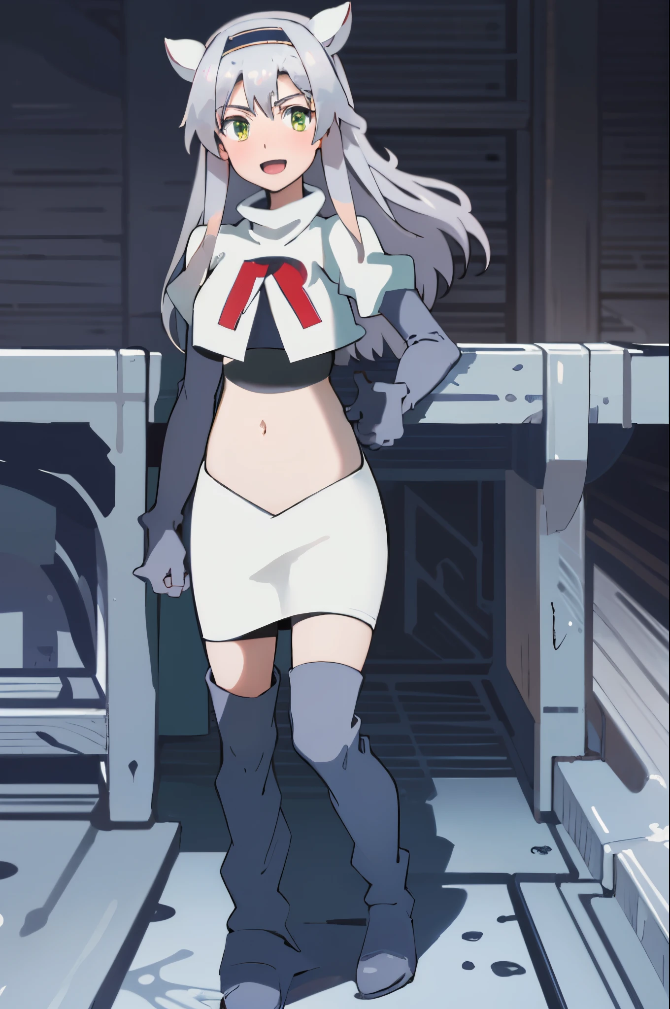 best quality, (masterpiece:1.2), detailed, medieval,
Sistine Fibel,
1girl, solo, open mouth, light smile, blush,
long hair, grey hair, green eyes, blue hairband, animal ears,
team rocket,team rocket uniform,white skirt,crop top,red letter R,black thigh-high boots,black elbow gloves,