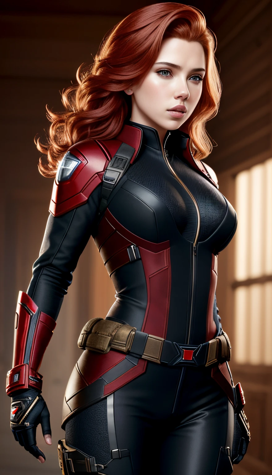 (masterpiece), (best quality), (photorealistic:1.3), 8k, detailed skin texture, detailed cloth texture, beautiful detailed face, intricate details, ultra detailed, scarlett johansson, Black Widow in the style of the Captain America, straight red hair, (full-length body:1.2)