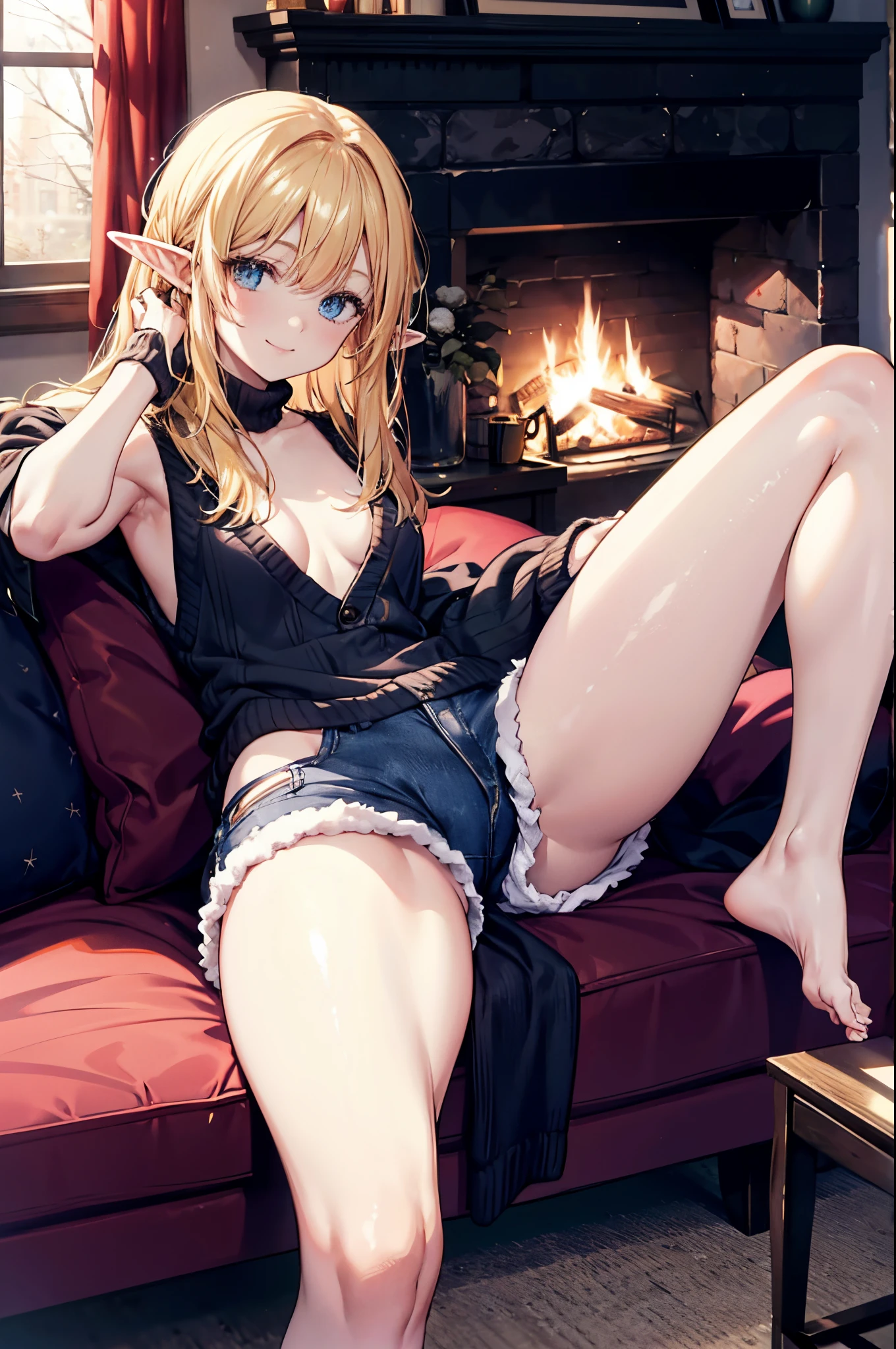 Realistic image, Detailed image, 1 small elf. Long silky loose hair, blonde hair, Blue eyes, Long eyelashes. Sleeveless sweater, Pajama V-neck sweater. Pajama fabric minishorts. Stockings to mid-thigh. Medium breasts, slim waist, wide hips and thick thighs. smiling. Arched back. Living room with fireplace. Winter. Snowy day. Volumetric light. Ambient light.