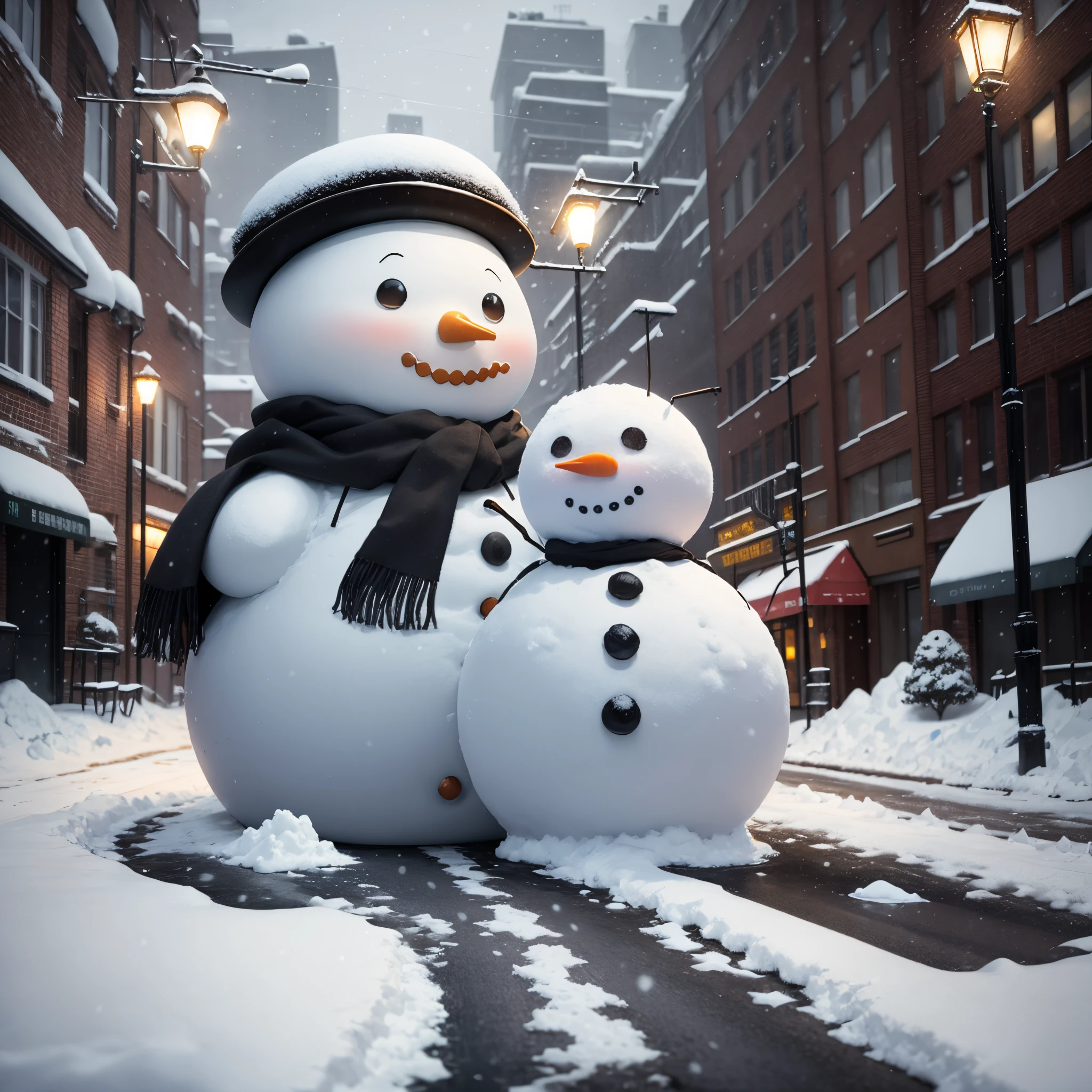 It's snowing in the city,Snow piled up on both sides,The street lights illuminate the snow and the snowman,Snowman in the center of the road ,