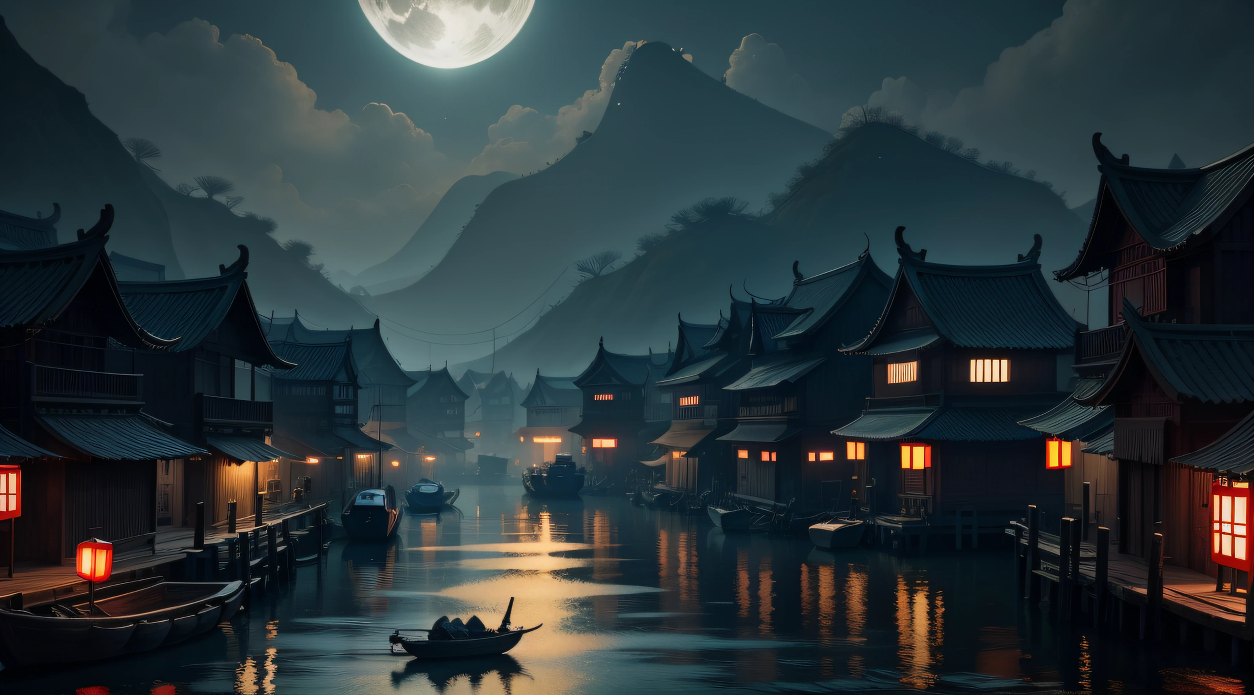 Ancient Chinese fishing village night horror 4K