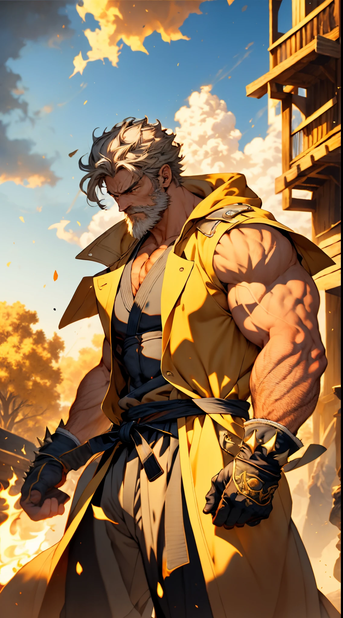 A middle-aged man, 50 years old, medium-length long gray hair, hairstyle in a disheveled spiky manner, sorrowful gaze, well-defined facial features, a full beard, a tall and muscular physique, a simple two-piece fantasy-realism style outfit, a snug light yellow undershirt, a sleeveless long trench coat, long gloves, coarse cloth trousers, bowing his head in repentance on a grim battlefield, this character embodies a finely crafted fantasy-realistic martial arts in anime style, exquisite and mature manga art style, high definition, best quality, highres, ultra-detailed, ultra-fine painting, extremely delicate, professional, anatomically correct, symmetrical face, extremely detailed eyes and face, high quality eyes, creativity, RAW photo, UHD, 8k, Natural light, cinematic lighting, masterpiece-anatomy-perfect, masterpiece:1.5