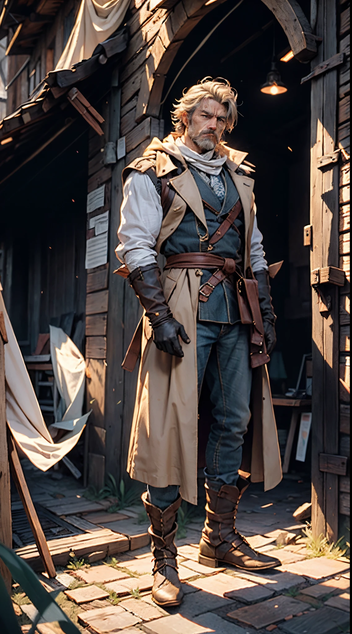 A middle-aged man, 50 years old, medium-length long gray hair, hairstyle in a disheveled spiky manner, sorrowful gaze, well-defined facial features, a full beard, a tall and muscular physique, a simple two-piece fantasy-realism style outfit, a snug light yellow undershirt, a sleeveless long trench coat, long gloves, coarse cloth trousers, bowing his head in repentance on a grim battlefield, this character embodies a finely crafted fantasy-realistic martial arts in anime style, exquisite and mature manga art style, high definition, best quality, highres, ultra-detailed, ultra-fine painting, extremely delicate, professional, anatomically correct, symmetrical face, extremely detailed eyes and face, high quality eyes, creativity, RAW photo, UHD, 8k, Natural light, cinematic lighting, masterpiece-anatomy-perfect, masterpiece:1.5