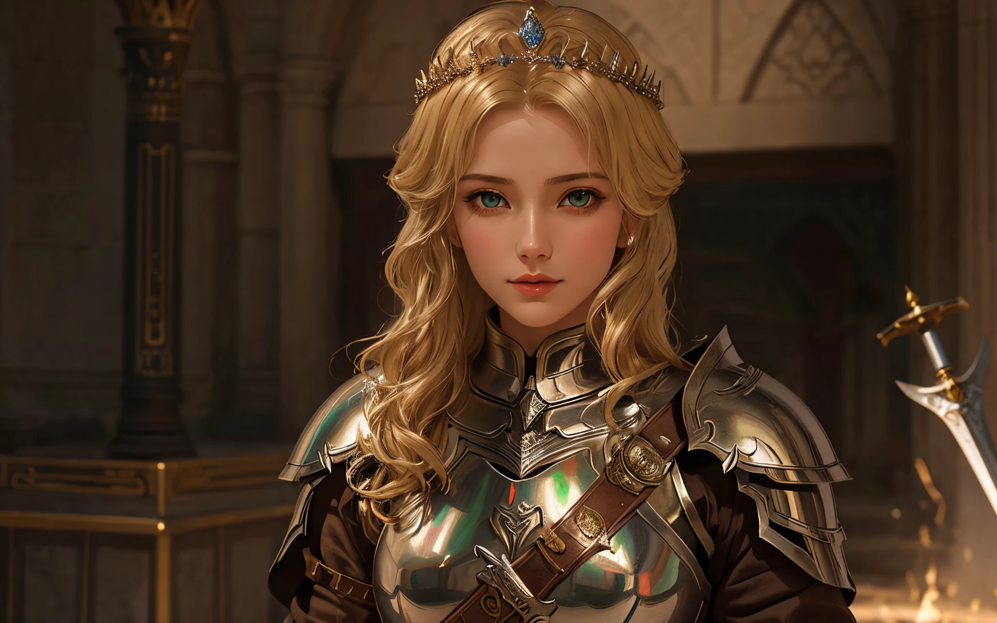 One in armor、Close-up of woman holding sword, Expressive female warrior, gorgeous female paladin, woman, , Charming princess knight, beautiful female knight, Uma personagem feminina, human warrior princess, beautiful female knight, portrait knight woman, Beautiful blonde queen,Green eyes