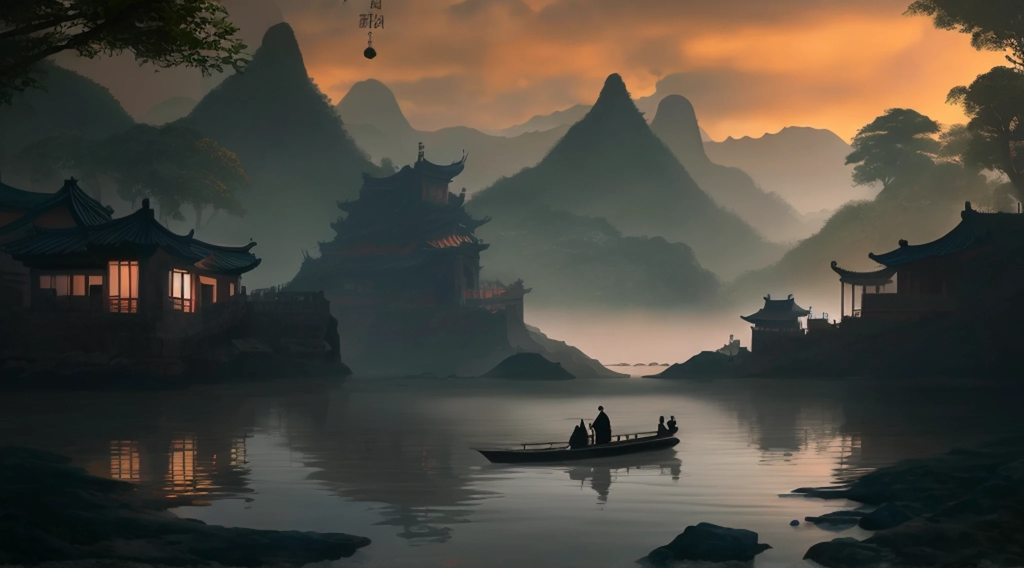 pintura de um homem e uma mulher em um barco em um rio, por Yang J, Arte digital altamente detalhada em 4k, pintura detalhada 4K, inspirado em Raphael Lacoste, Pintura digital fosca 4K HD, Paisagem chinesa, inspirado em Fenghua Zhong, detailed scenery—width 672, autor:Qu Leilei, inspirado em Andreas Rocha, autor:Xu Song