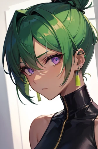 A portrait of a woman with asymmetrical green hair, an undercut hairstyle, purple eyes, ear piercings, an earring on one side and dark skin