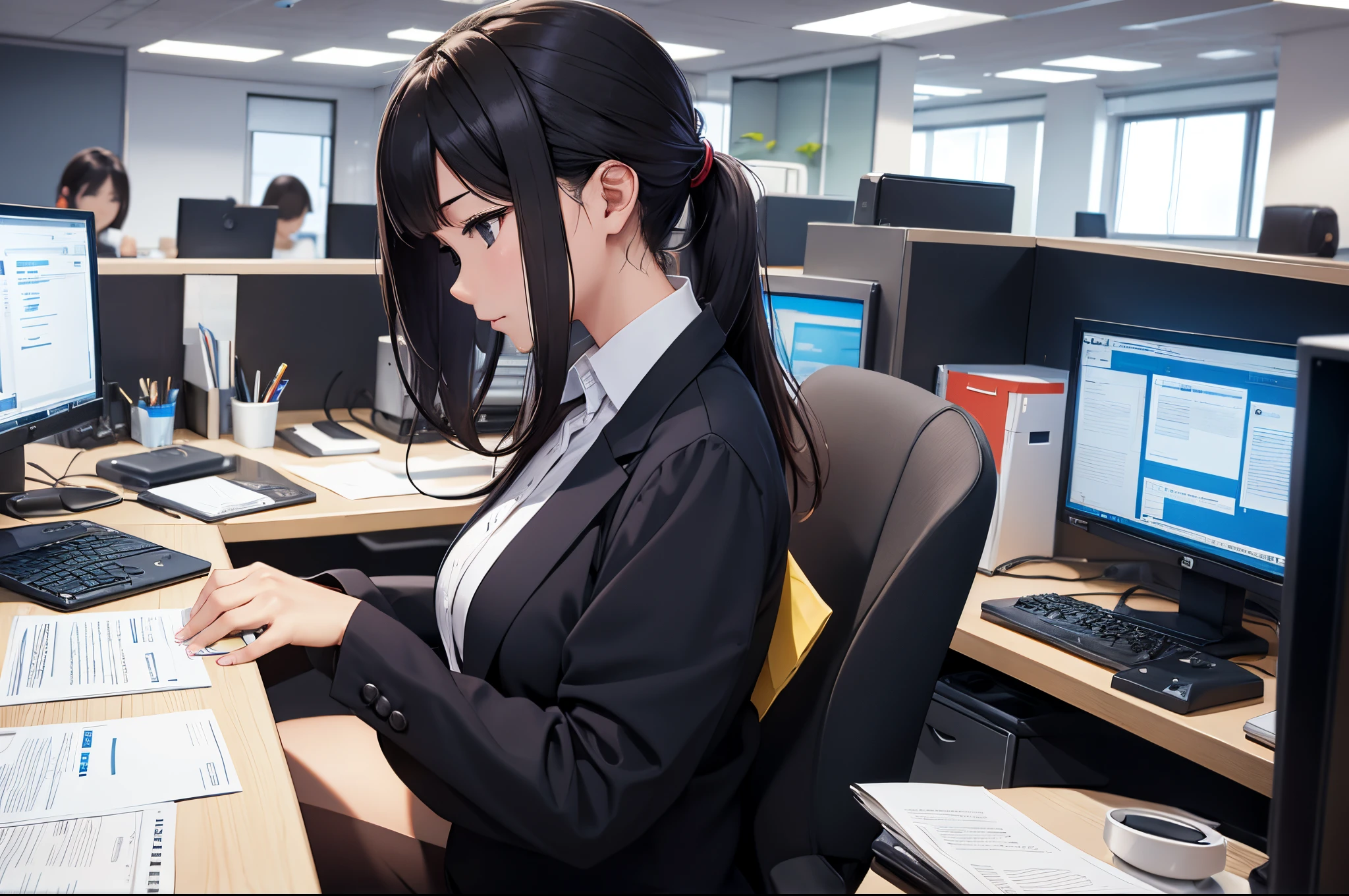Office lady working on a computer at her office desk、Serious、1girl in